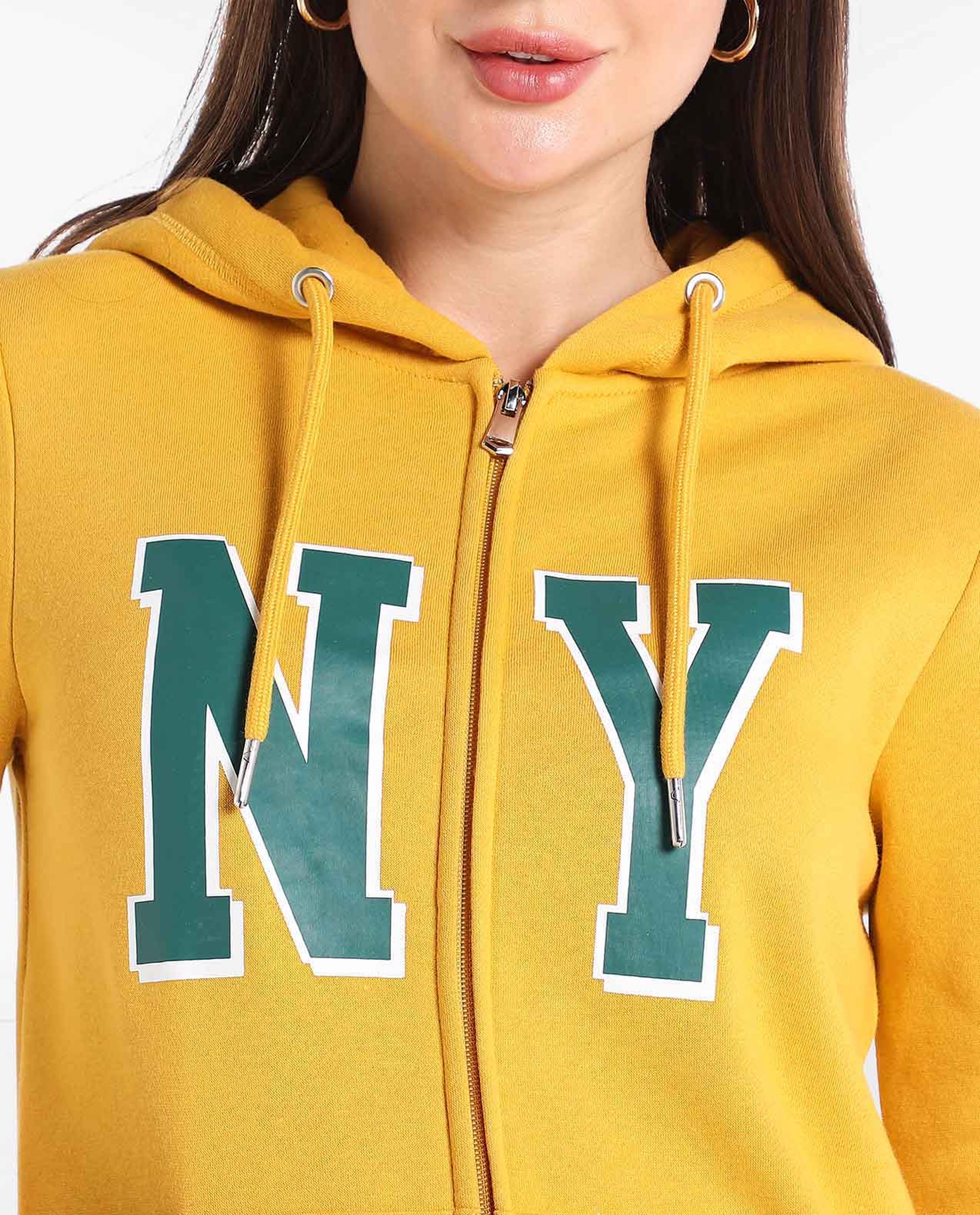 Typography Printed Front-Open Sweatshirt with Hooded Neck and Long Sleeves