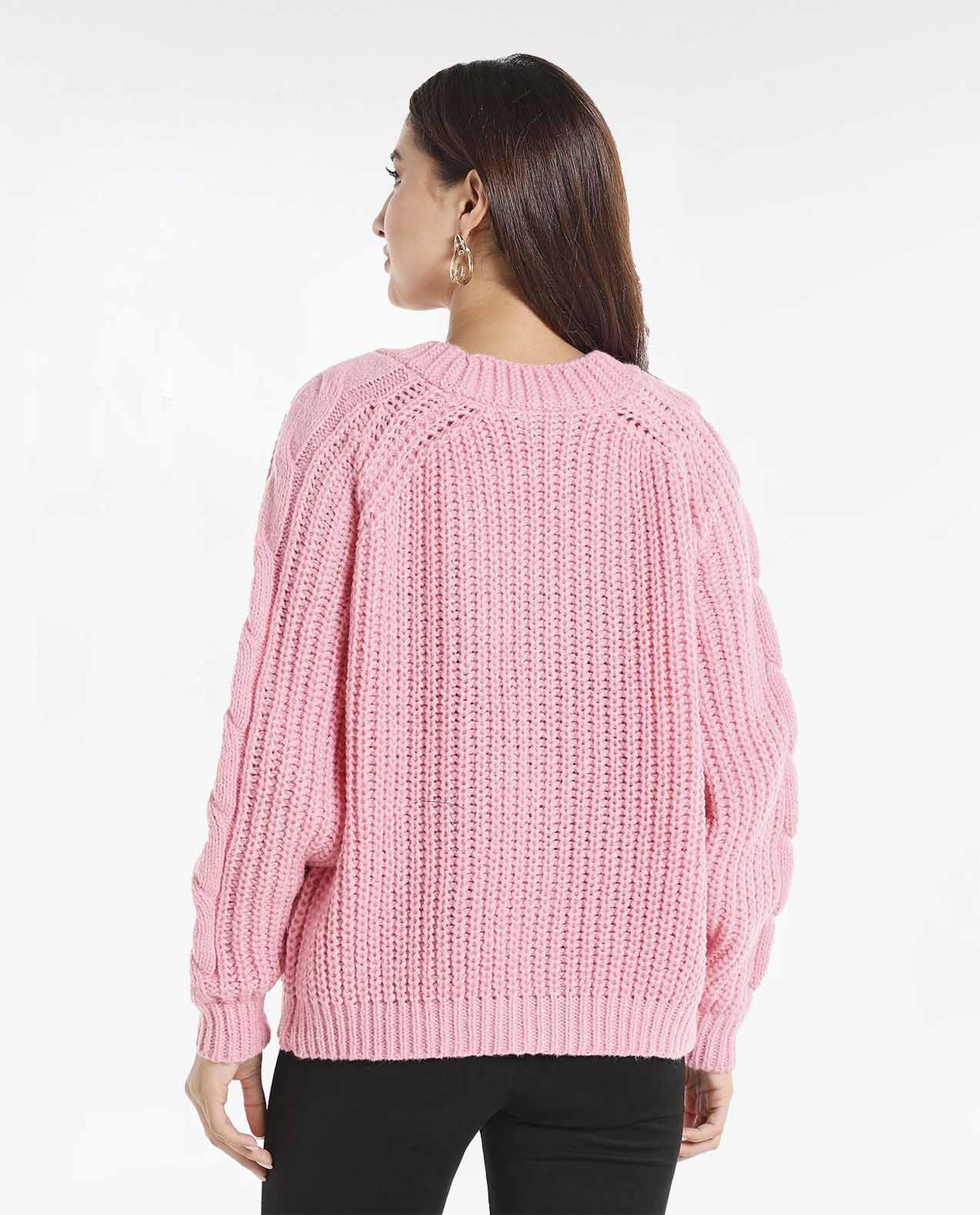 Cable Knit Front-Open Shrug with Long Sleeves