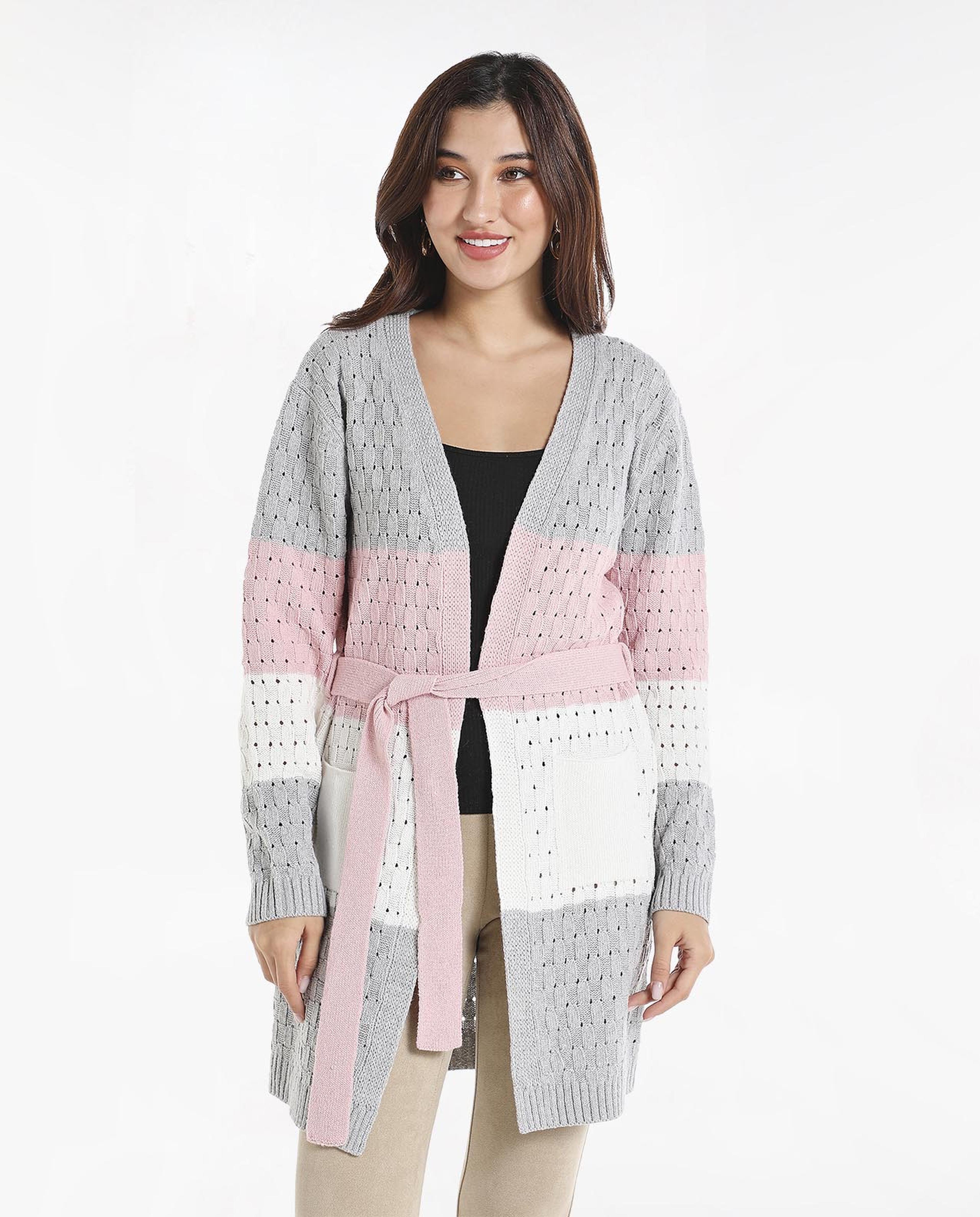 Shop Cable Knit Colour-Blocked Tie-Up Shrug with Long Sleeves