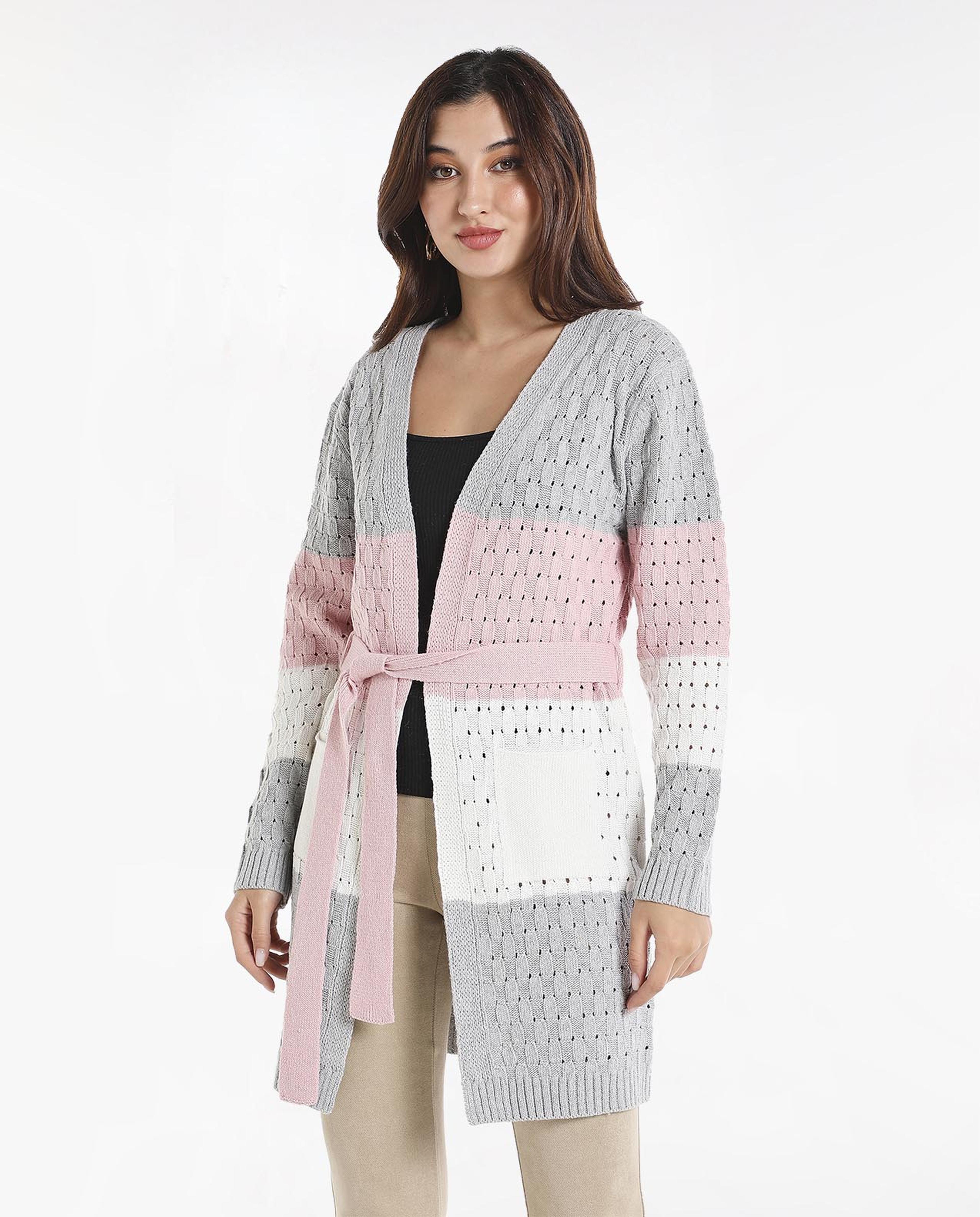 Cable Knit Colour-Blocked Tie-Up Shrug with Long Sleeves