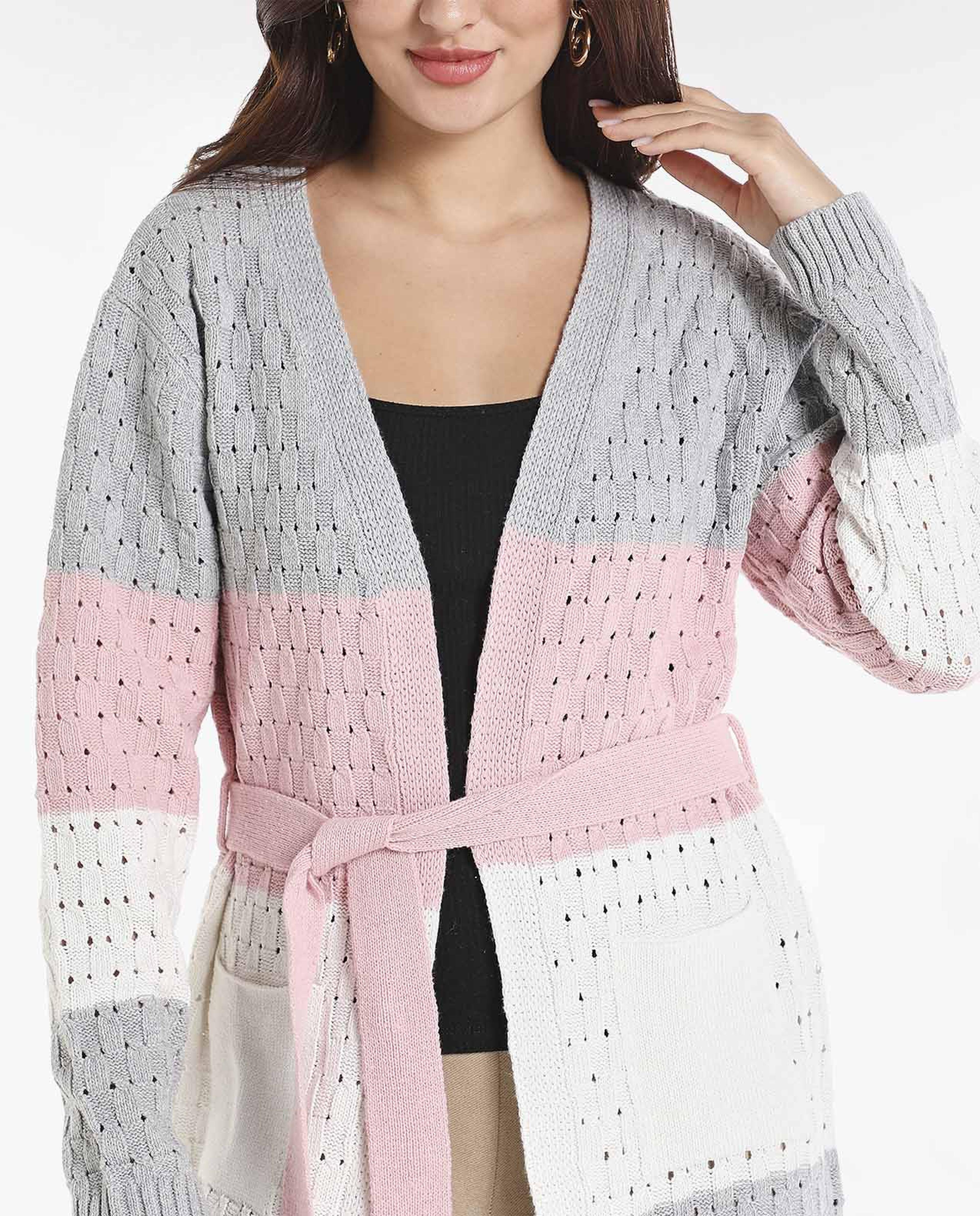Cable Knit Colour-Blocked Tie-Up Shrug with Long Sleeves