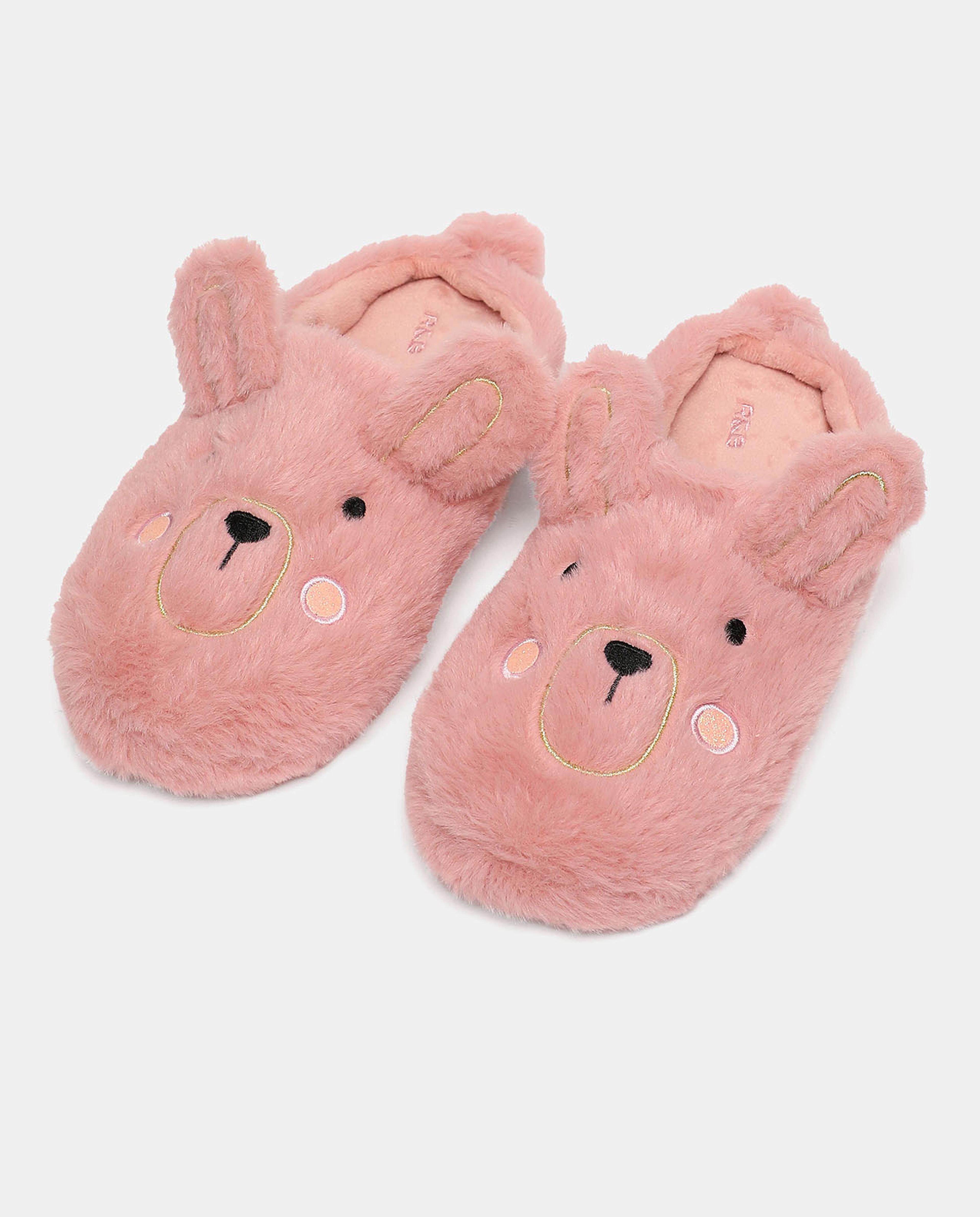 Furry Embroidered Slip-On Bedroom Slippers