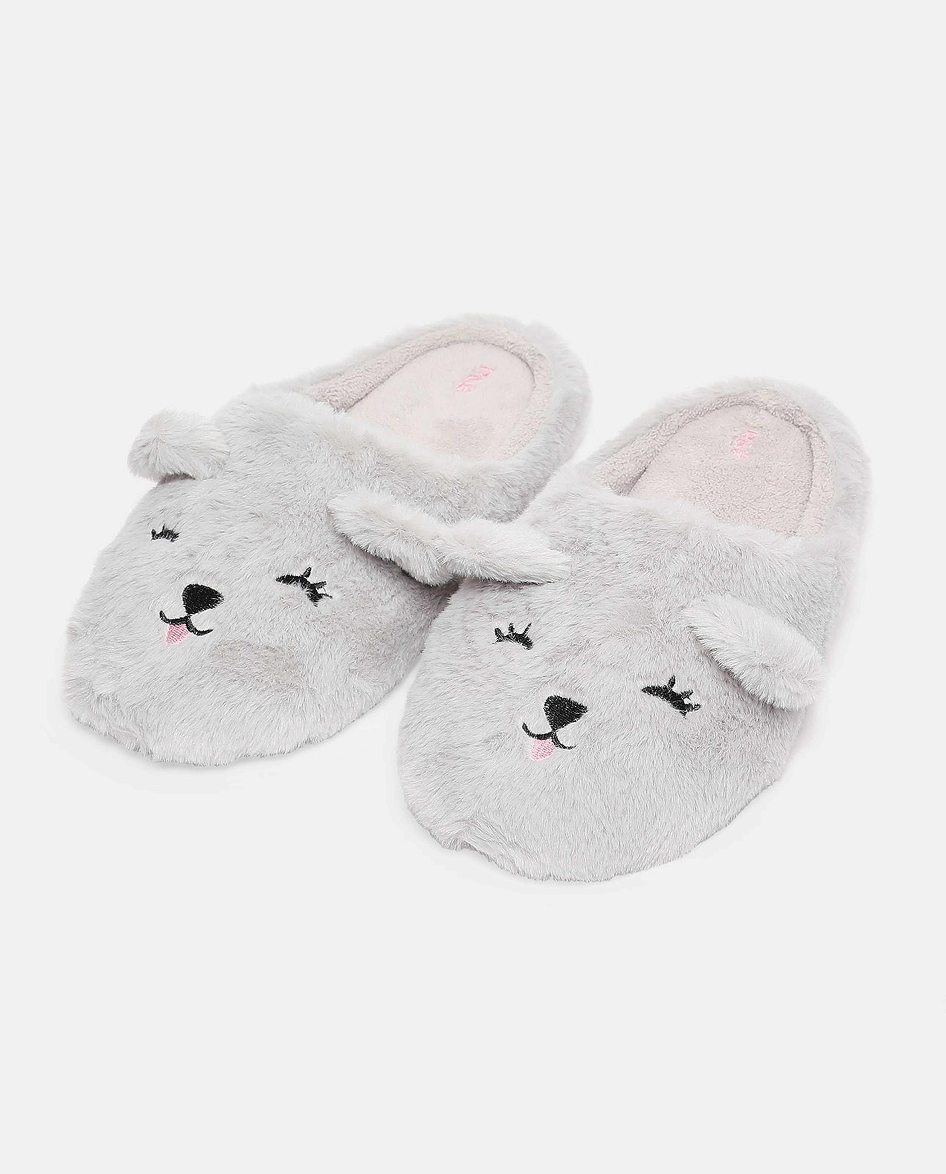 Furry Embroidered Slip-On Bedroom Slippers