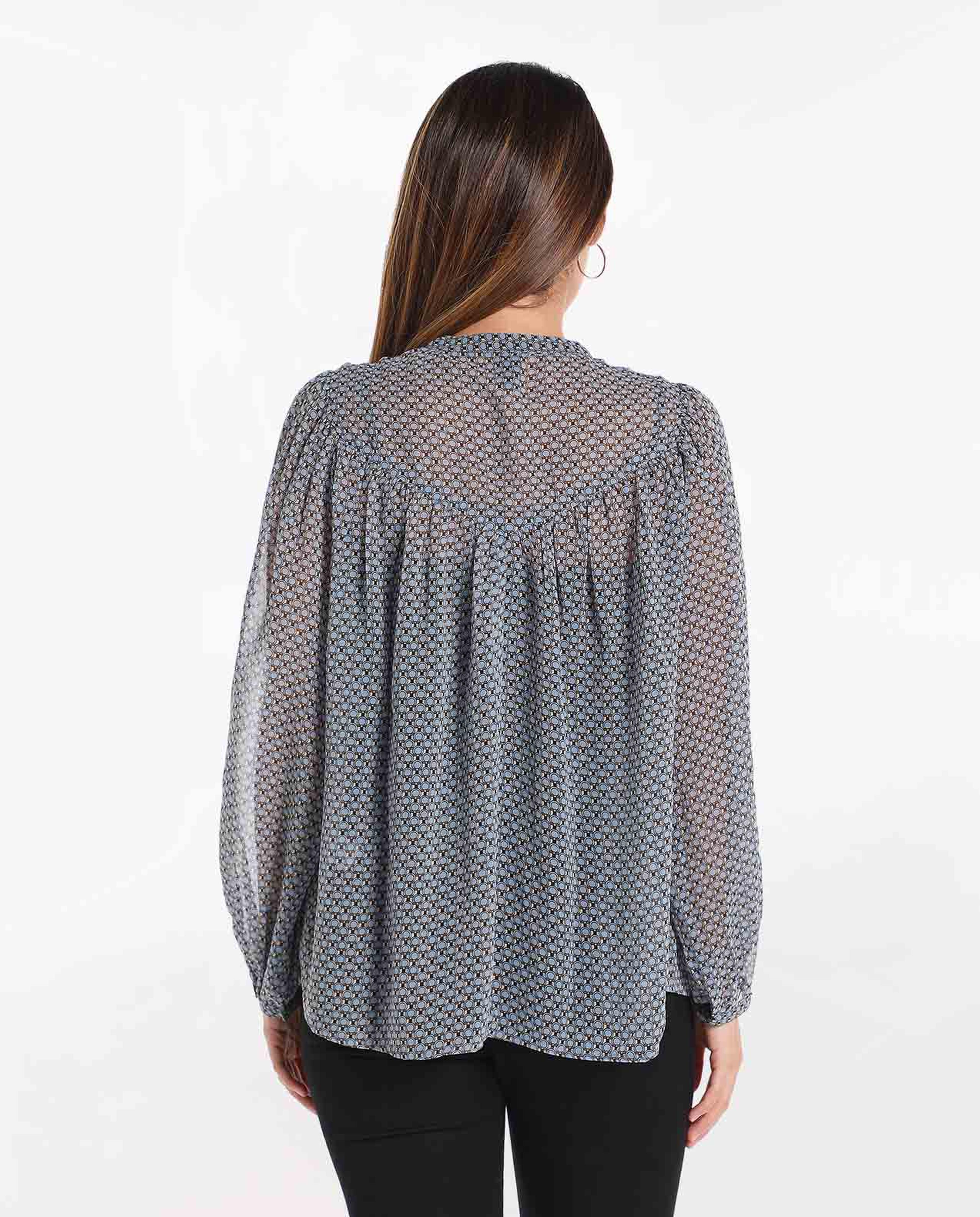 Printed Top with Mock Neck and Cuffed Long Sleeves