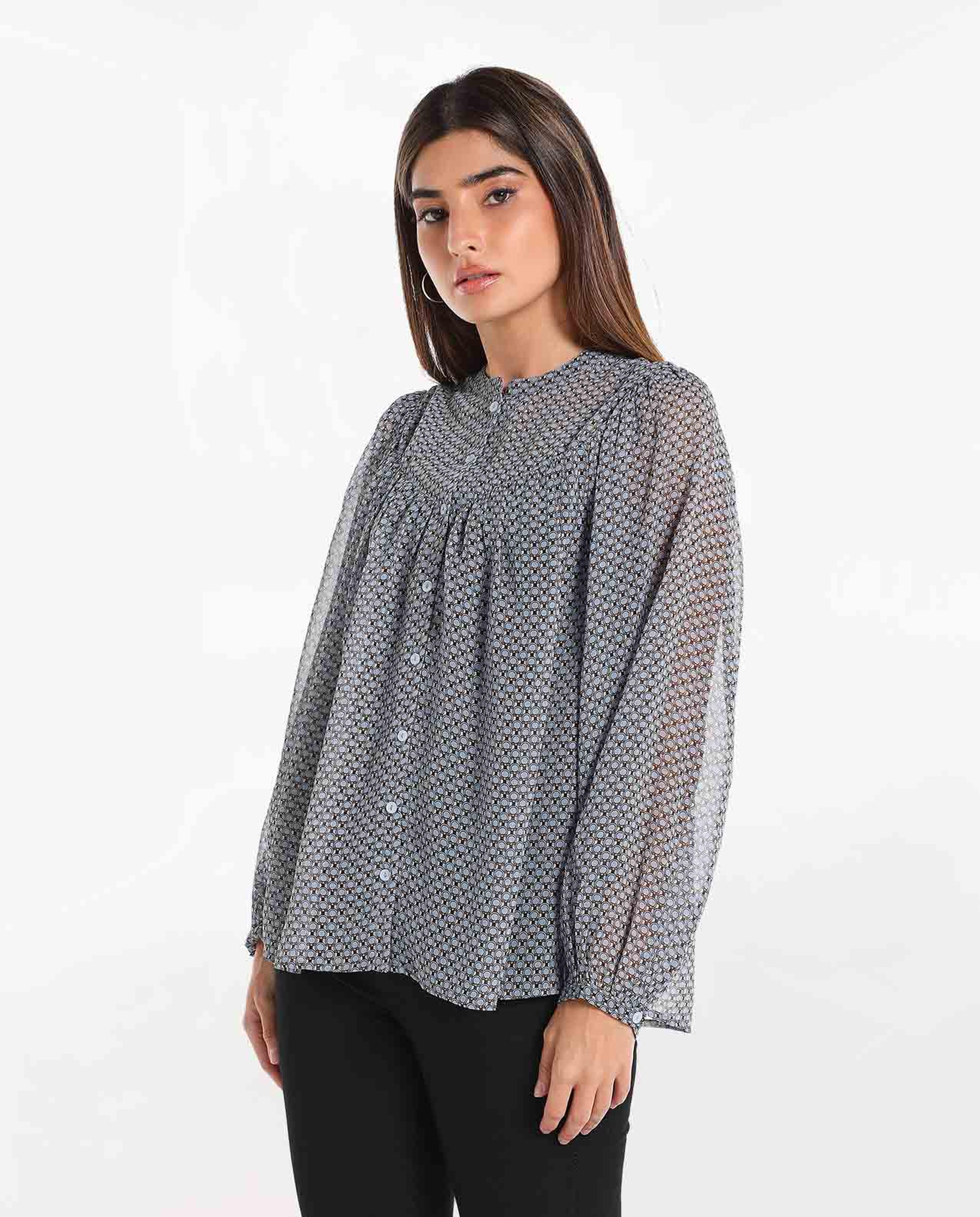 Printed Top with Mock Neck and Cuffed Long Sleeves