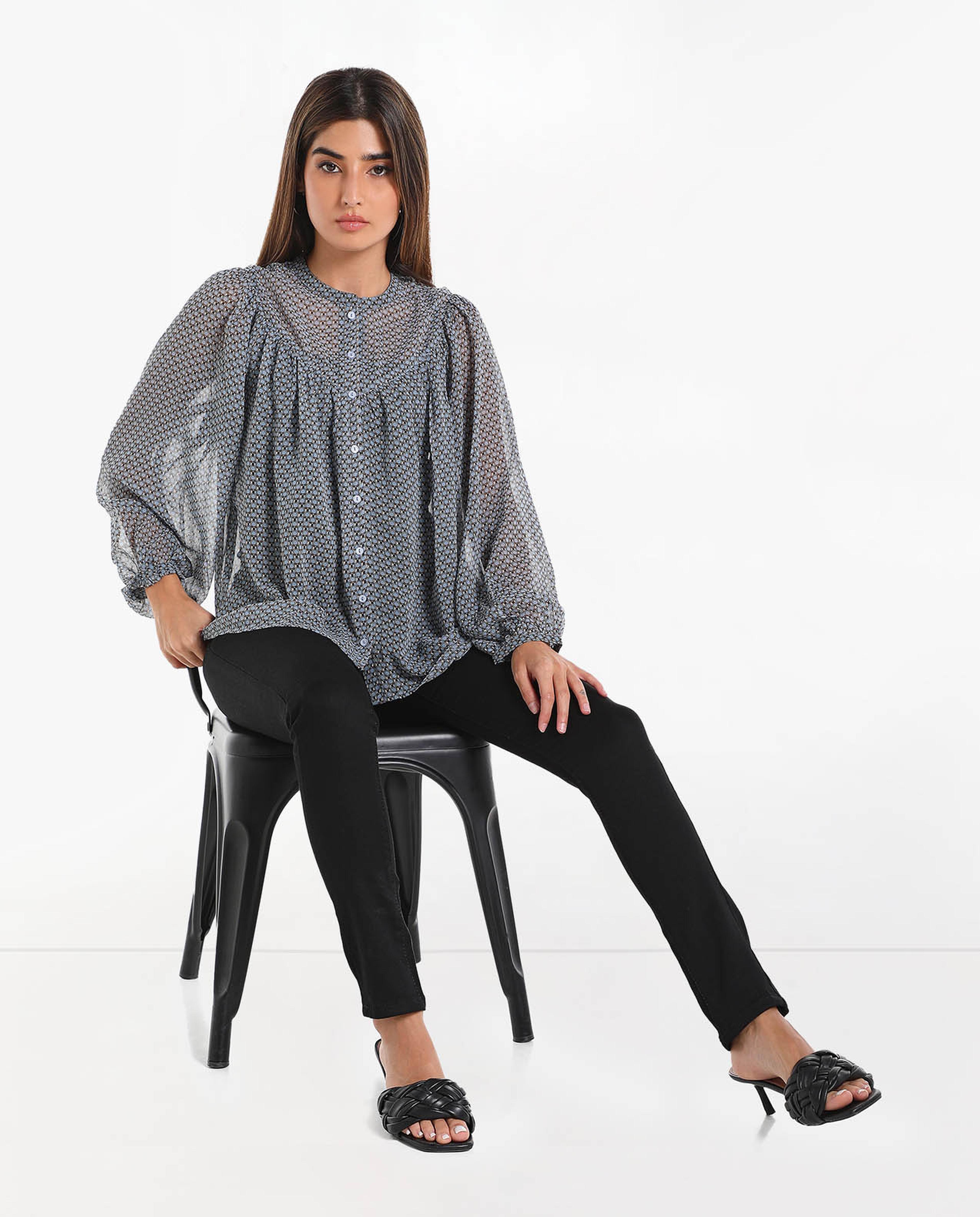 Printed Top with Mock Neck and Cuffed Long Sleeves