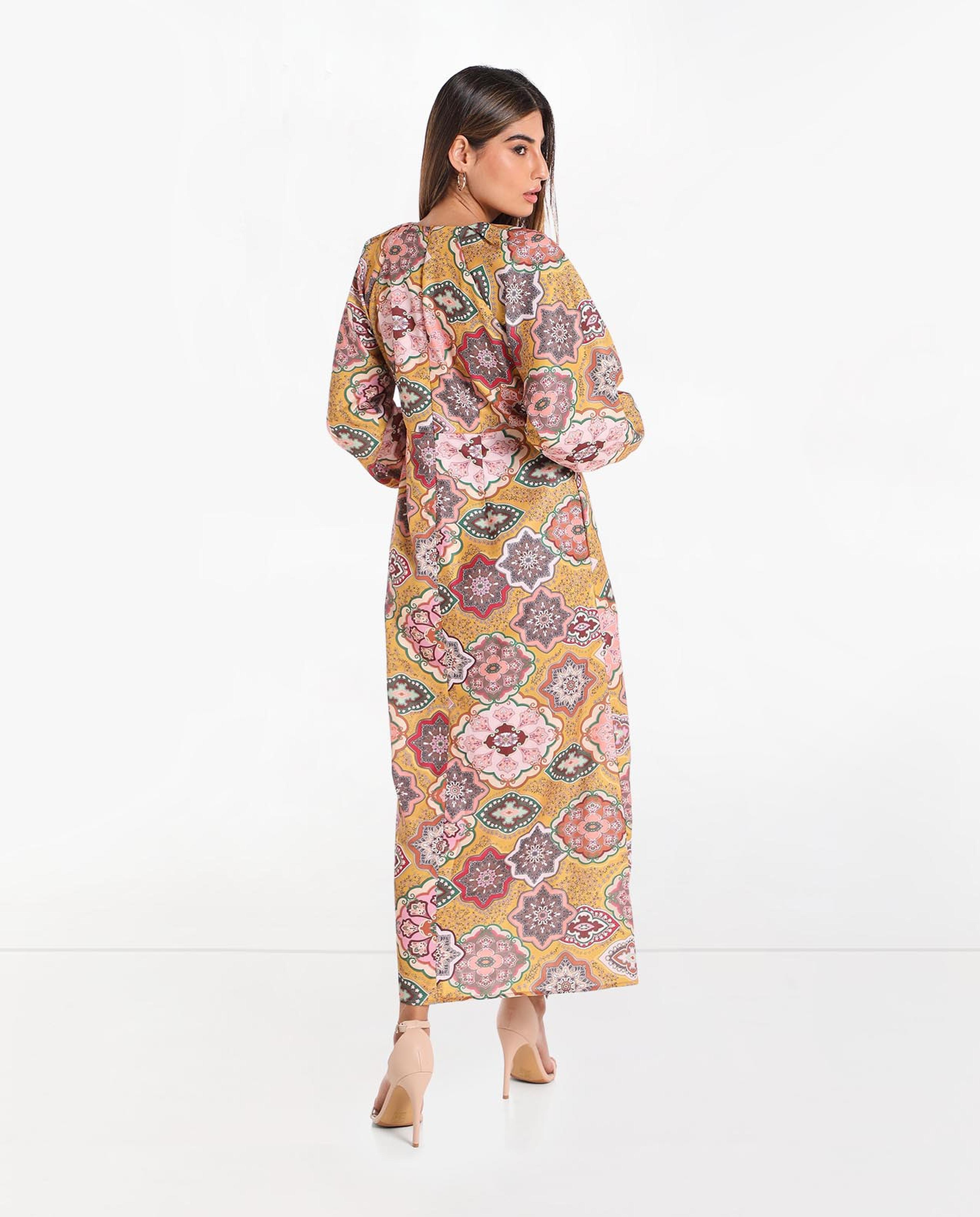 Printed Midi Dress with V-Neck and Cuffed Sleeves