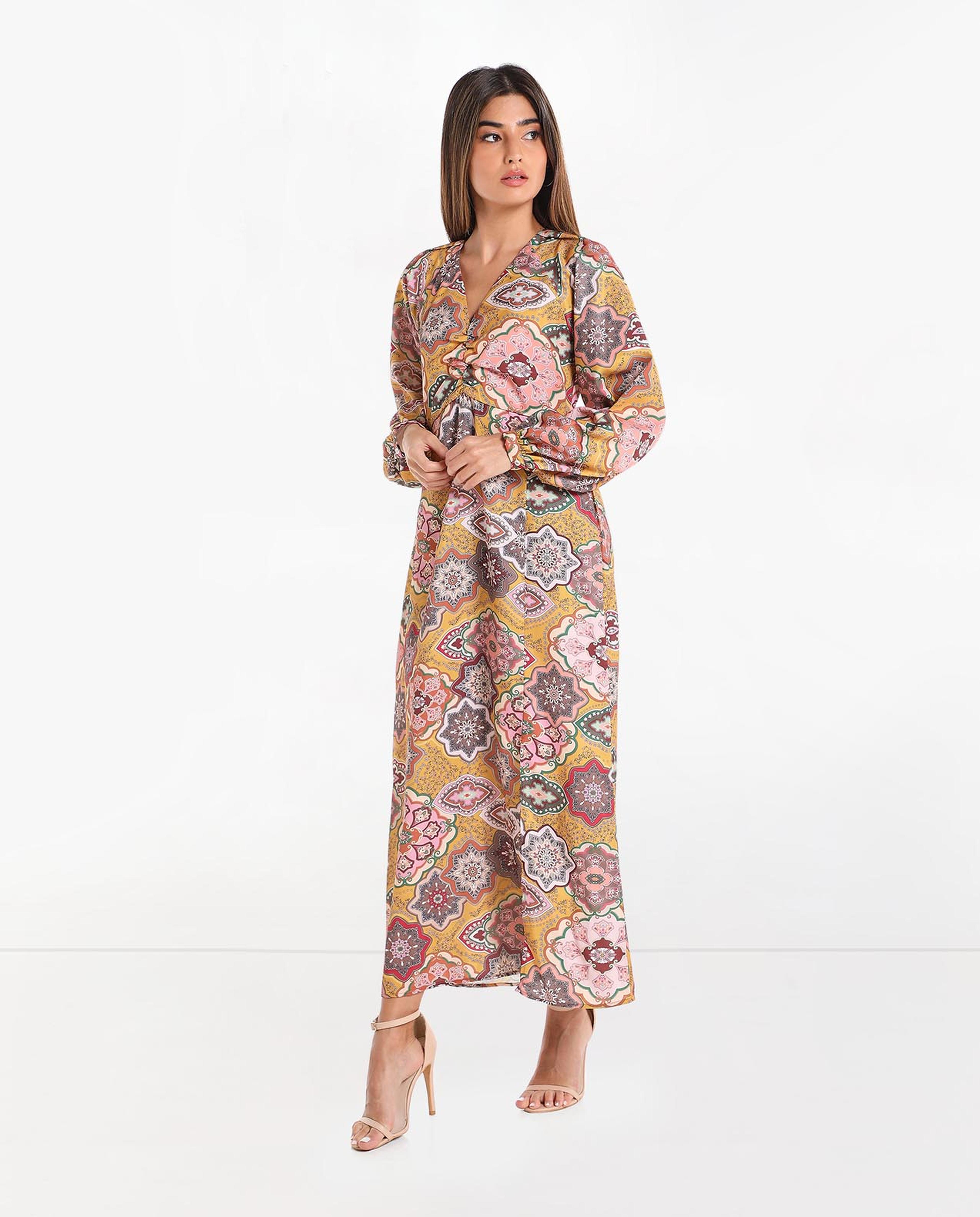 Printed Midi Dress with V-Neck and Cuffed Sleeves