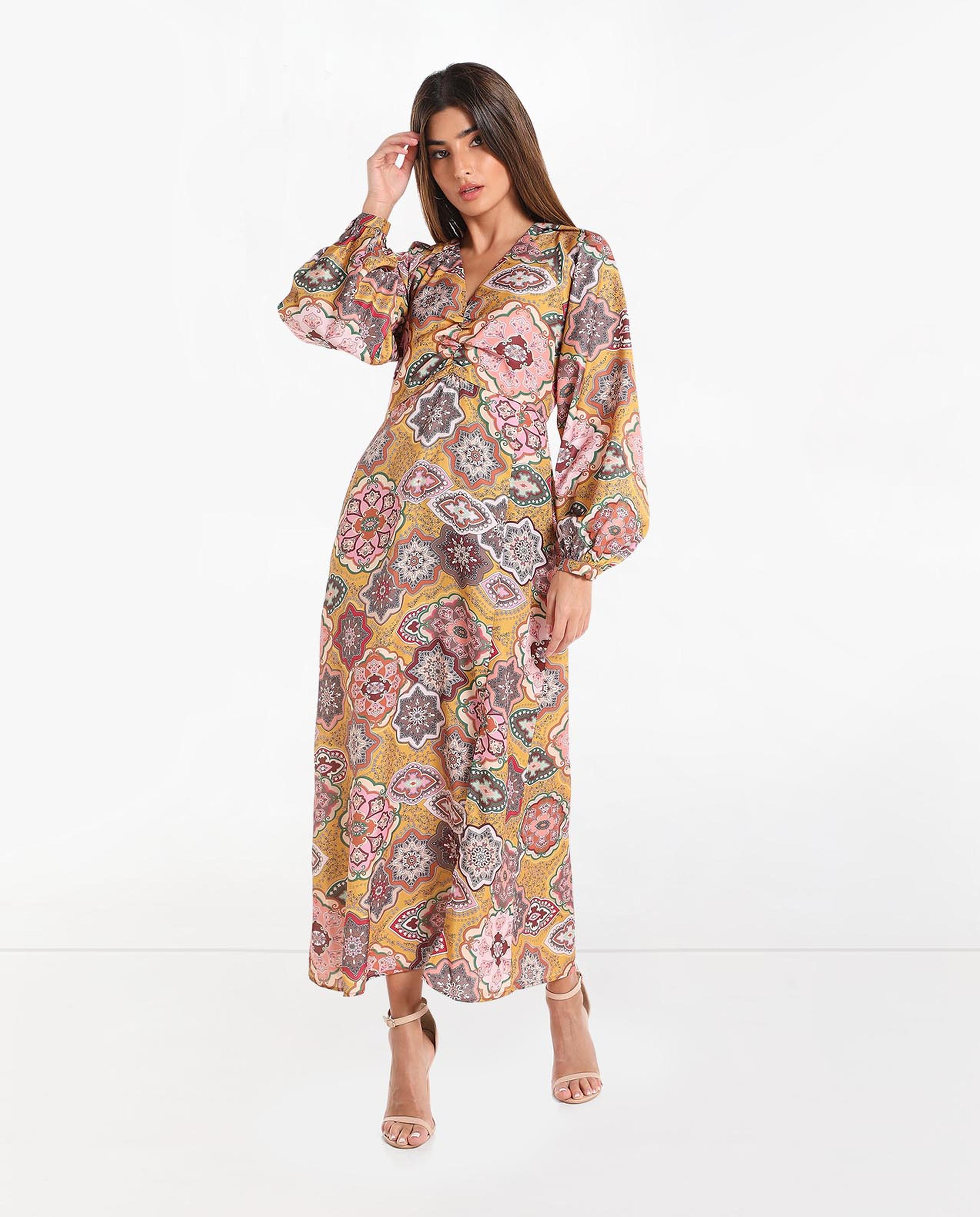 Printed Midi Dress with V-Neck and Cuffed Sleeves
