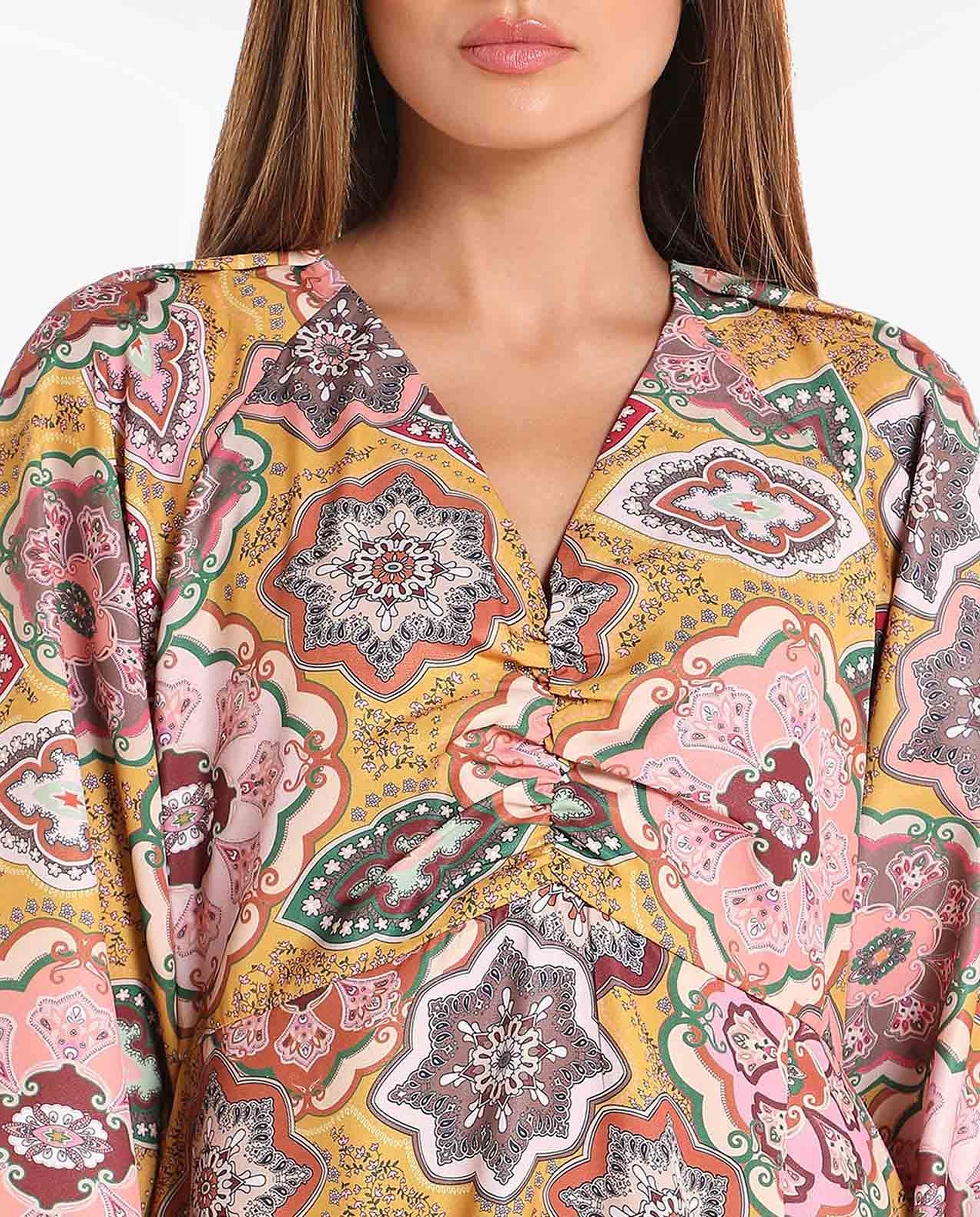 Printed Midi Dress with V-Neck and Cuffed Sleeves