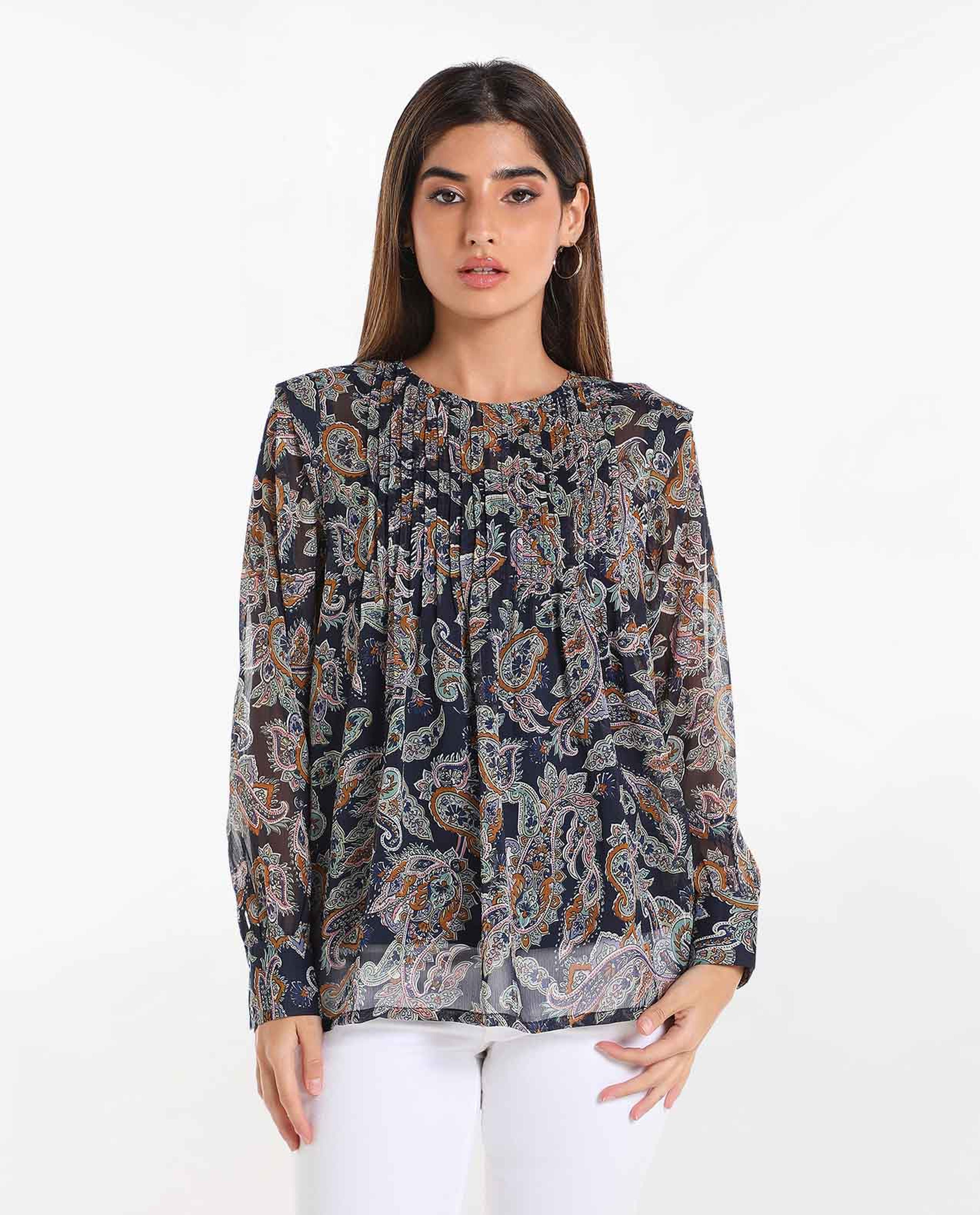 Printed Pleated Top with Round Neck and Long Sleeves