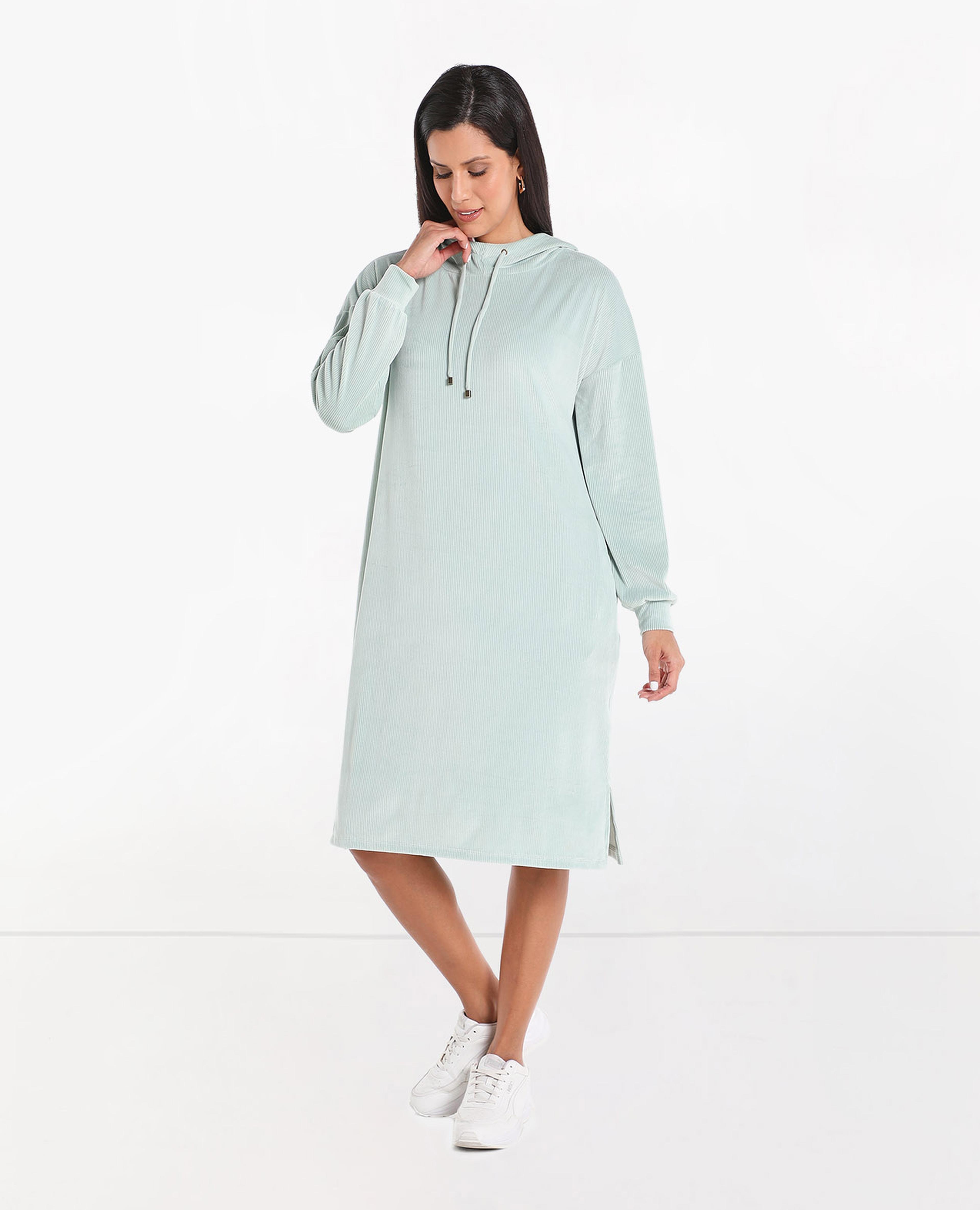 Solid Hooded Sweatshirt Dress with side slits