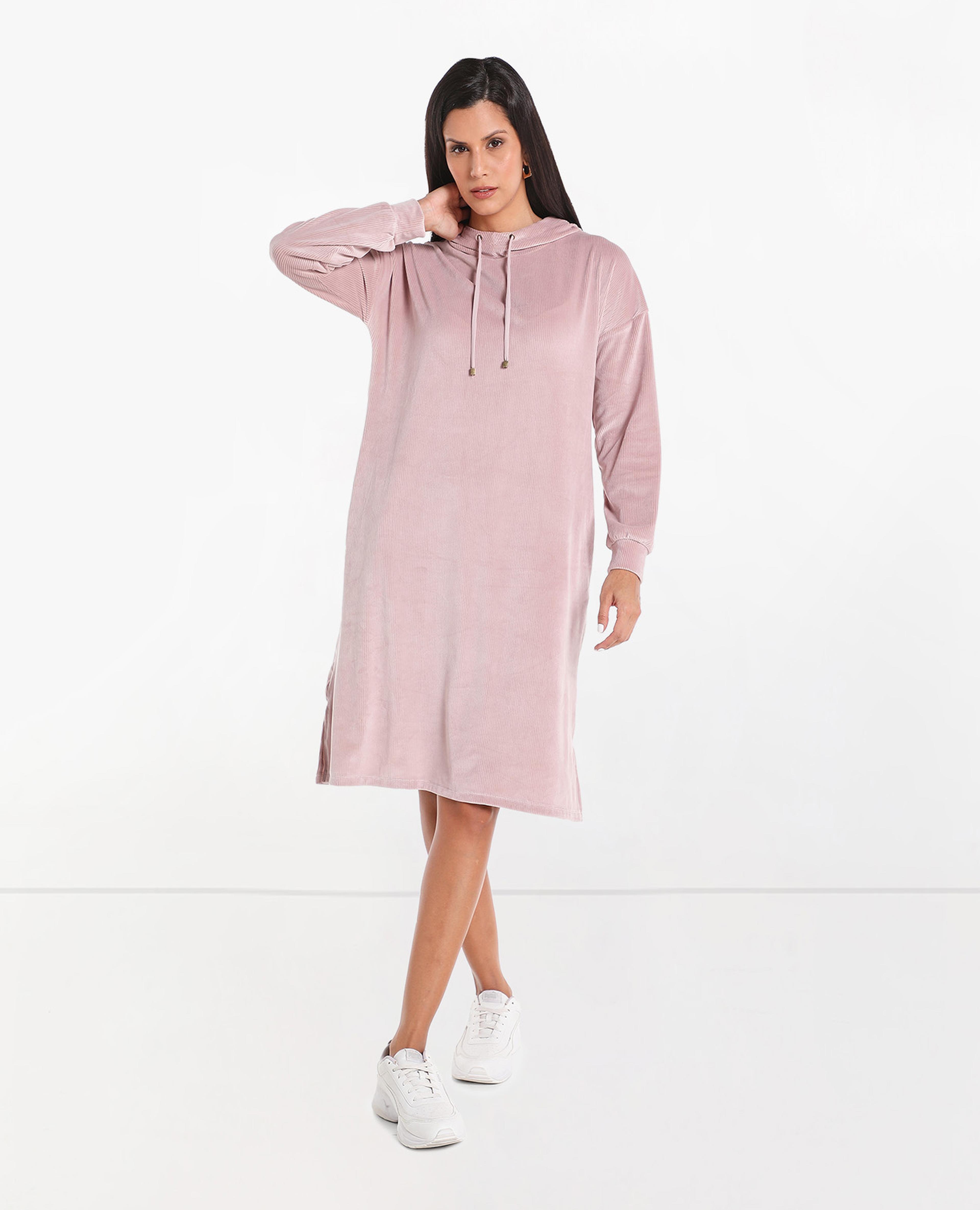 Solid Hooded Sweatshirt Dress with side slits