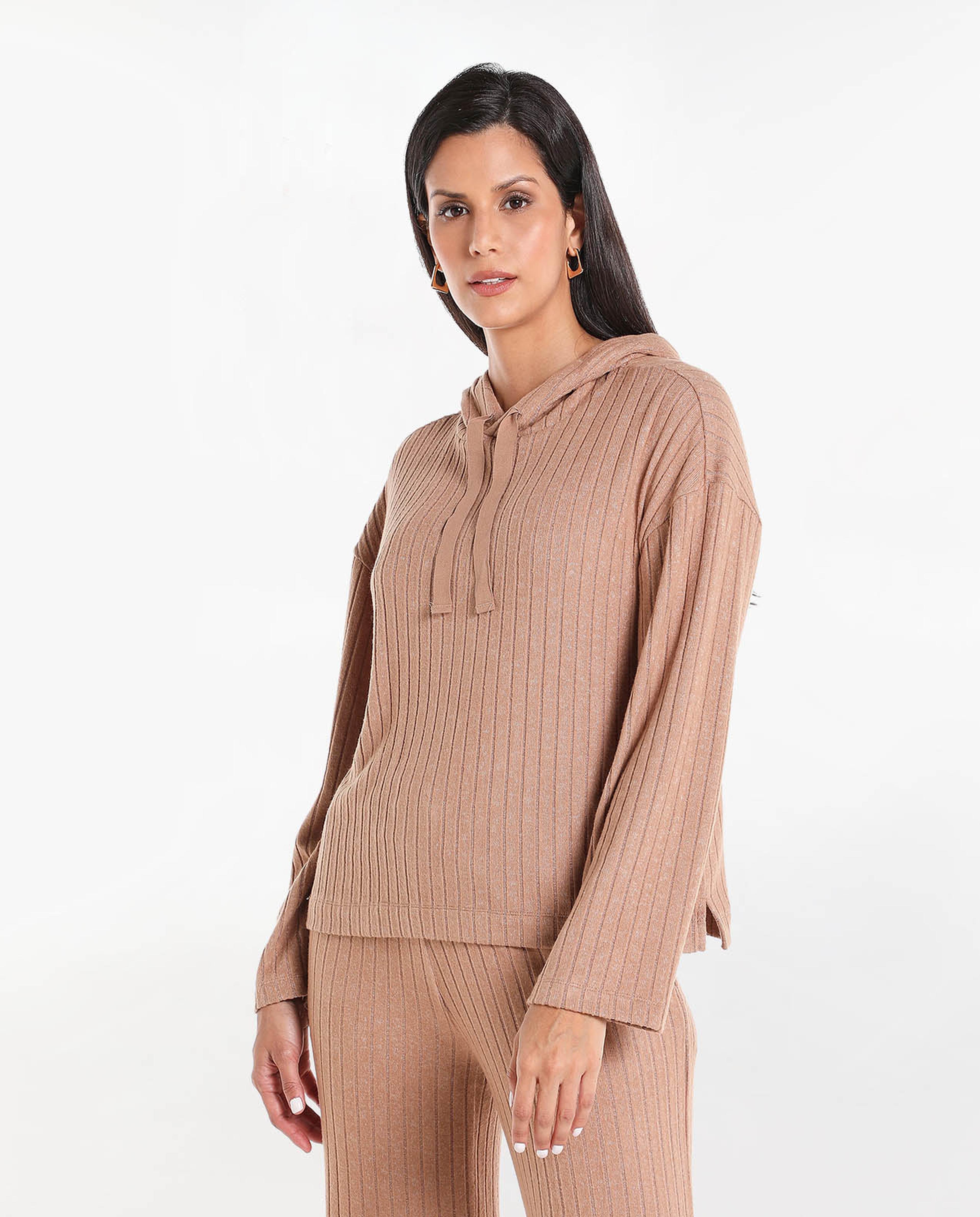 Solid Ribbed Sleepwear Shirt with Long Sleeves
