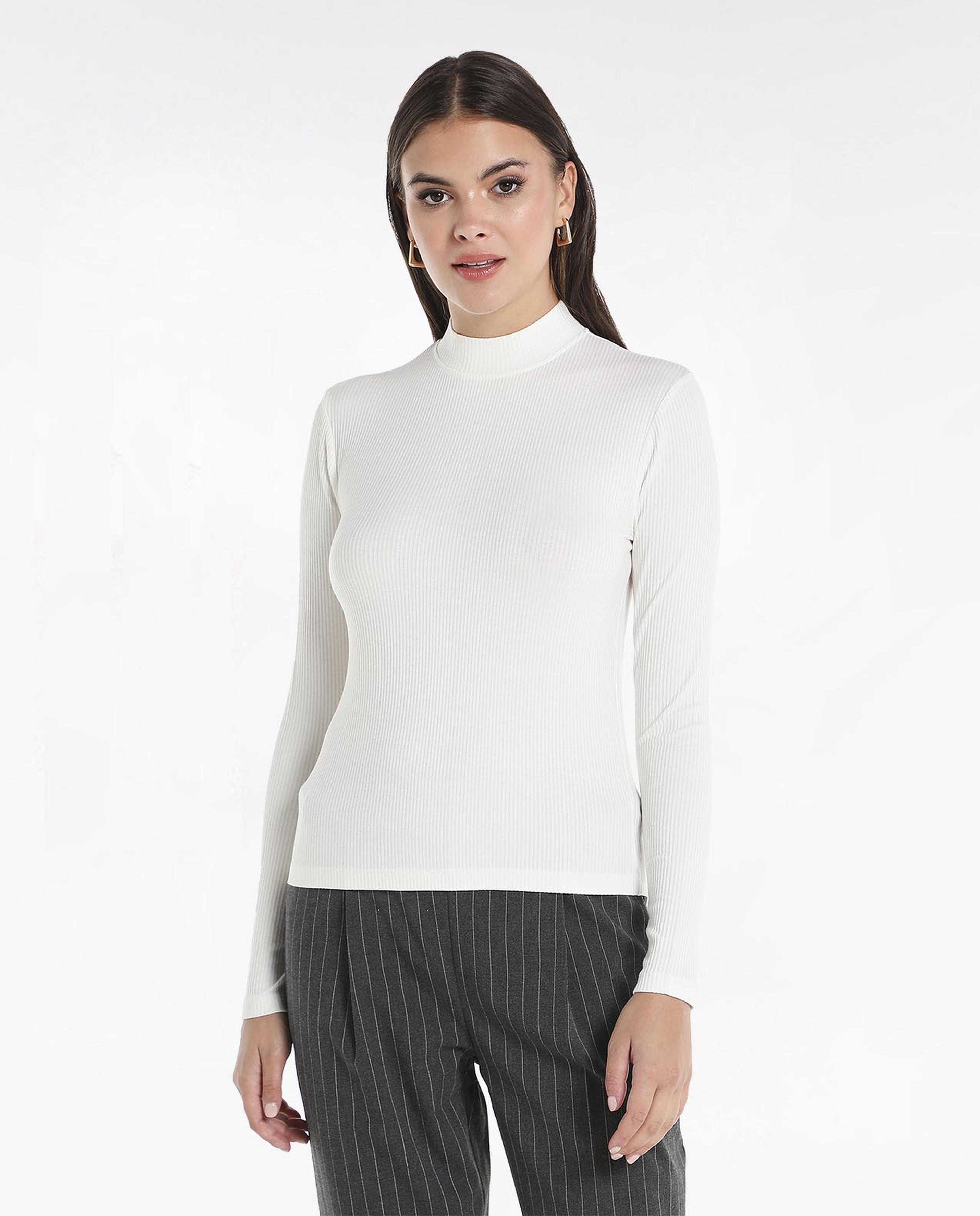 Solid T-Shirt with Mock Neck and Long Sleeves