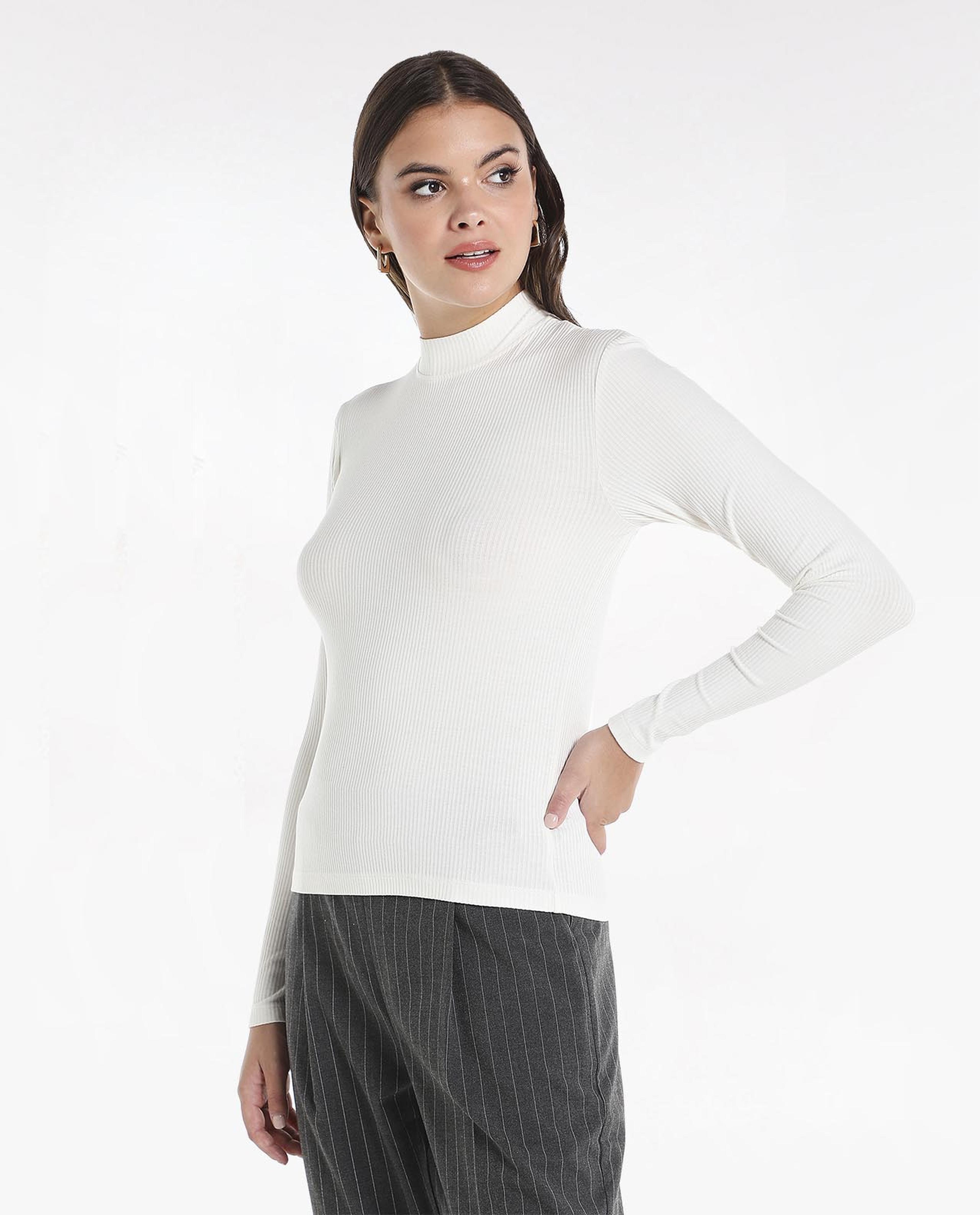 Solid T-Shirt with Mock Neck and Long Sleeves
