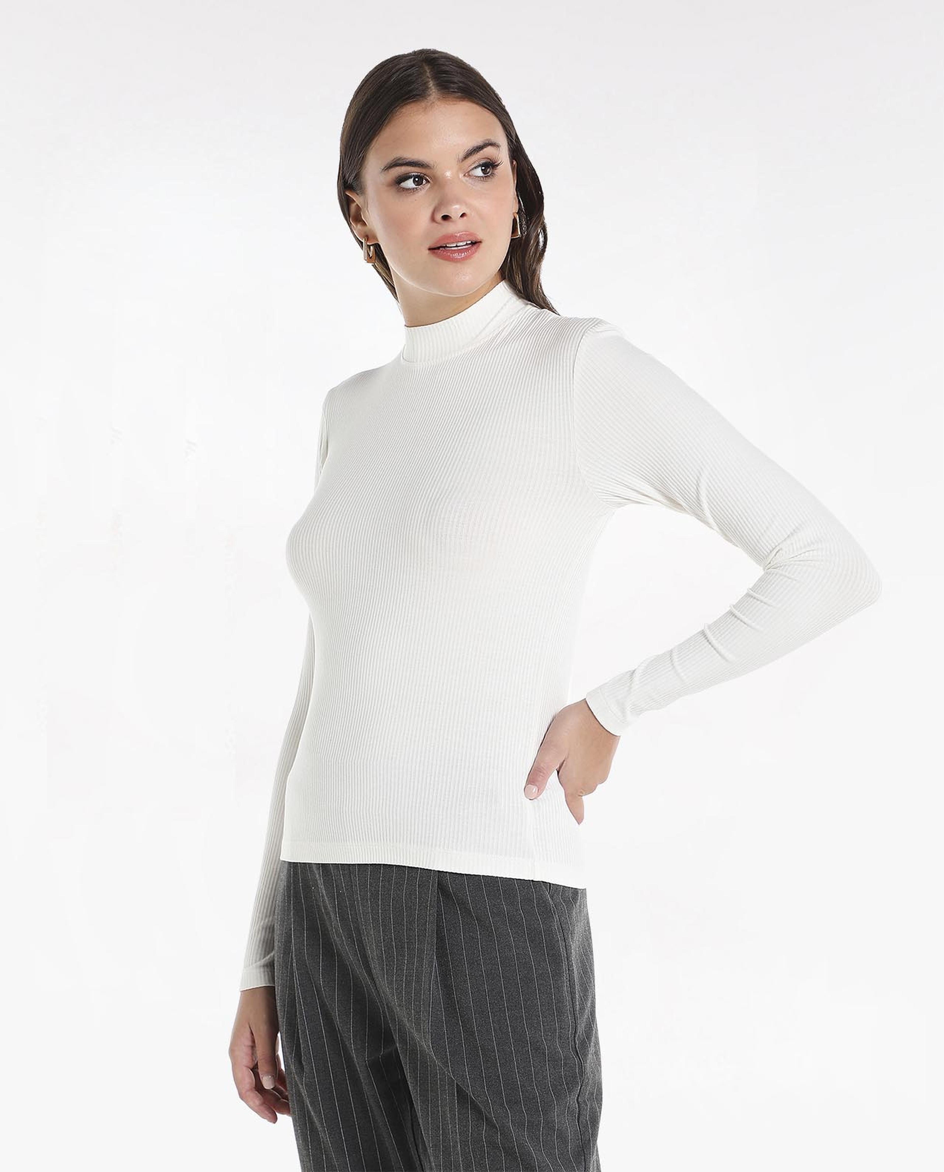 Solid T-Shirt with Mock Neck and Long Sleeves