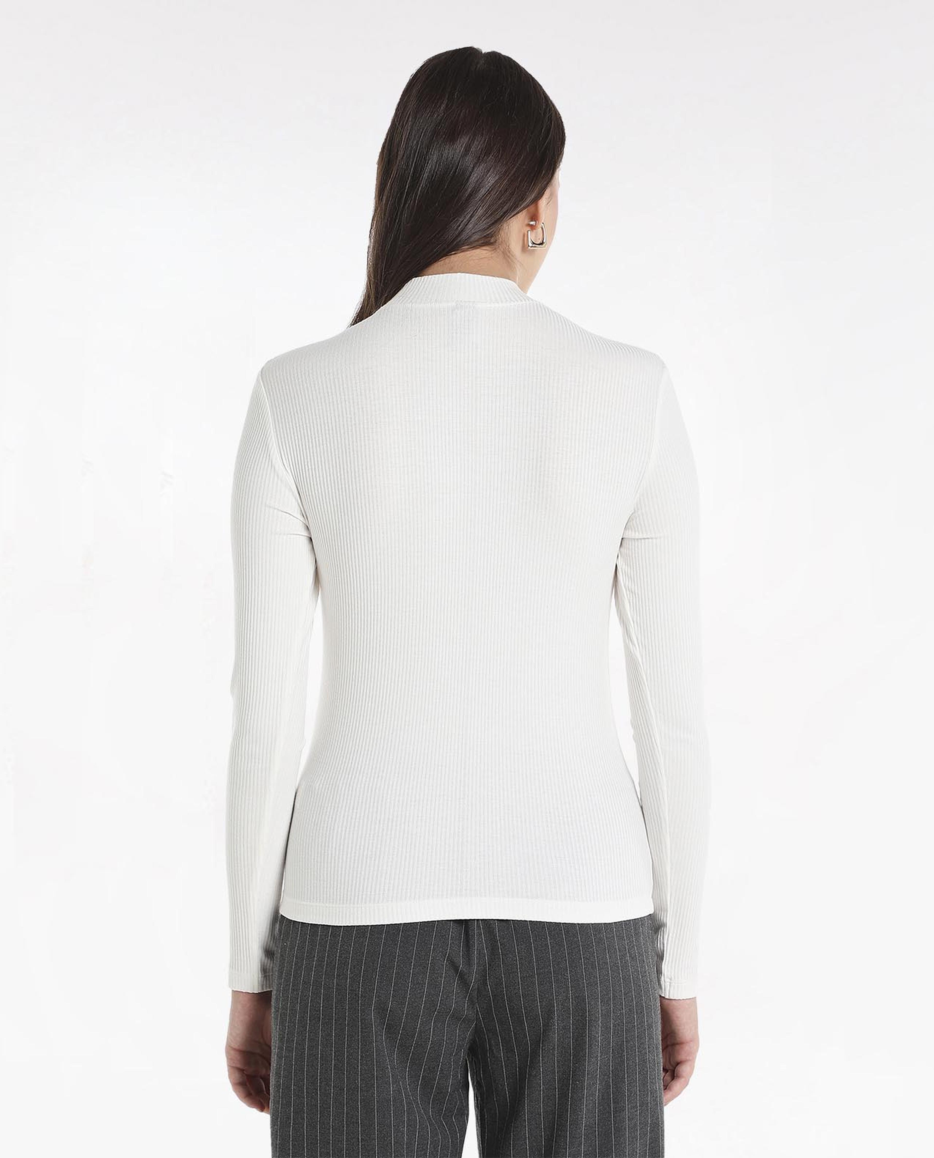 Solid T-Shirt with Mock Neck and Long Sleeves