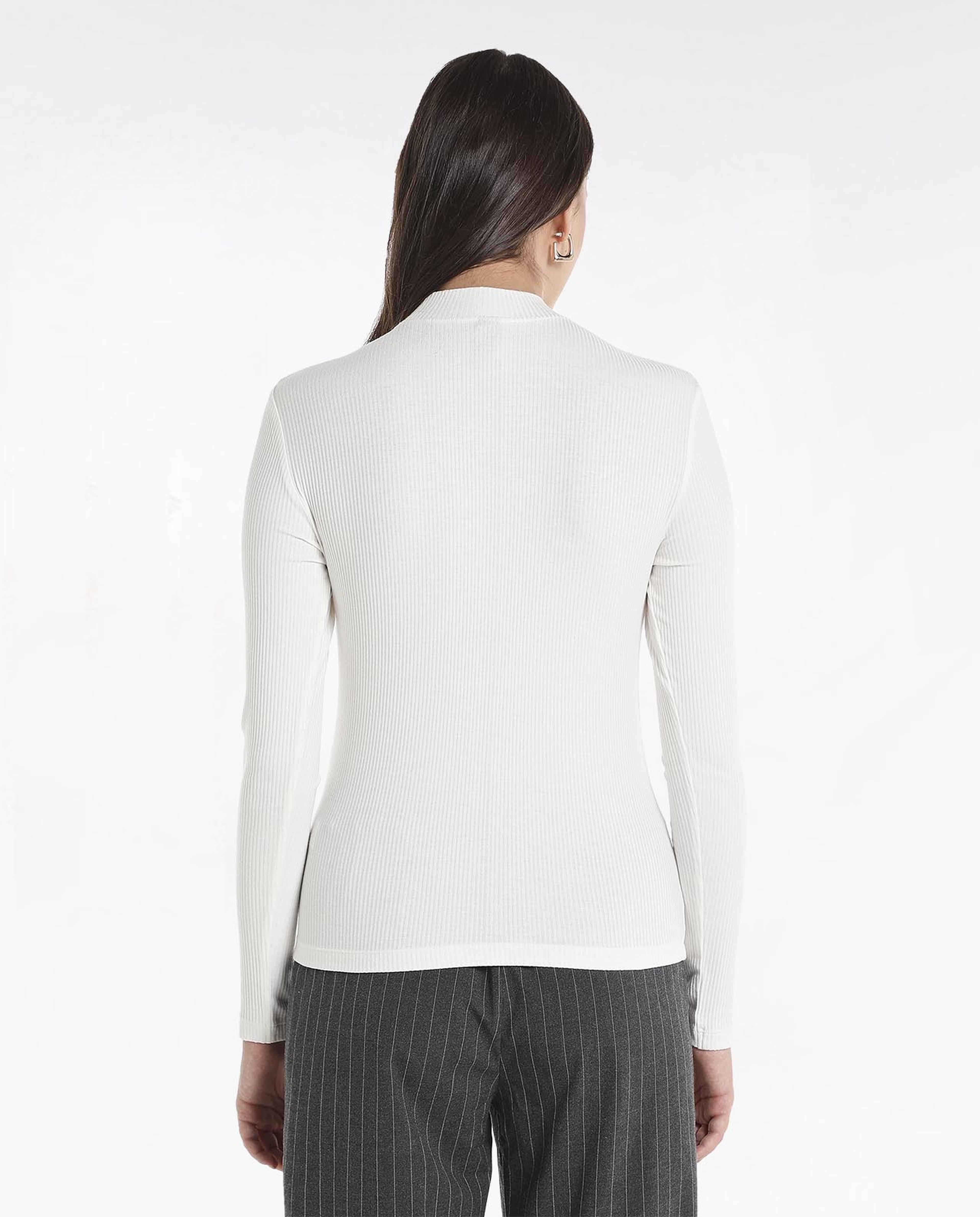 Solid T-Shirt with Mock Neck and Long Sleeves