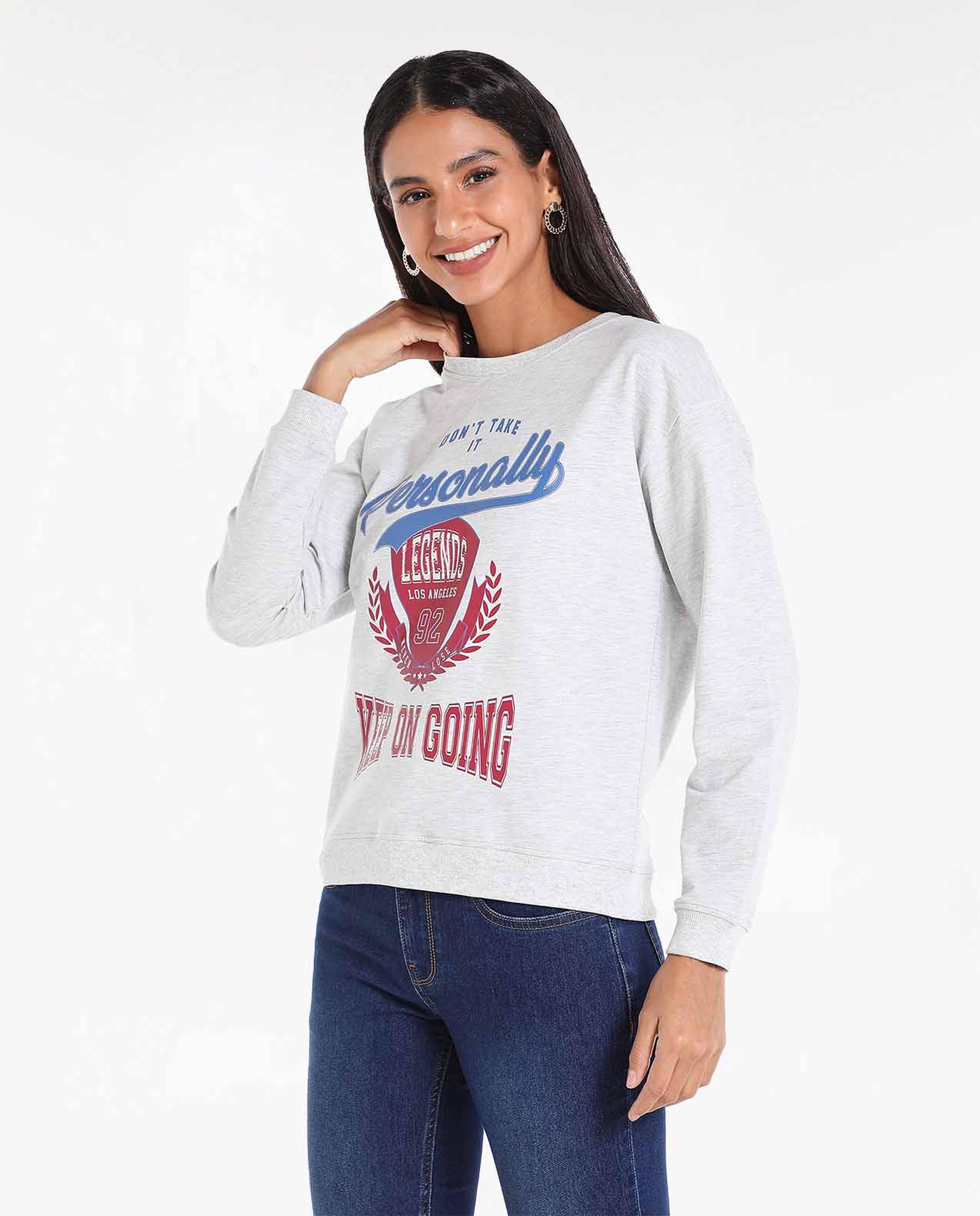 Typography Printed Sweatshirt with Crew Neck and Long Sleeves