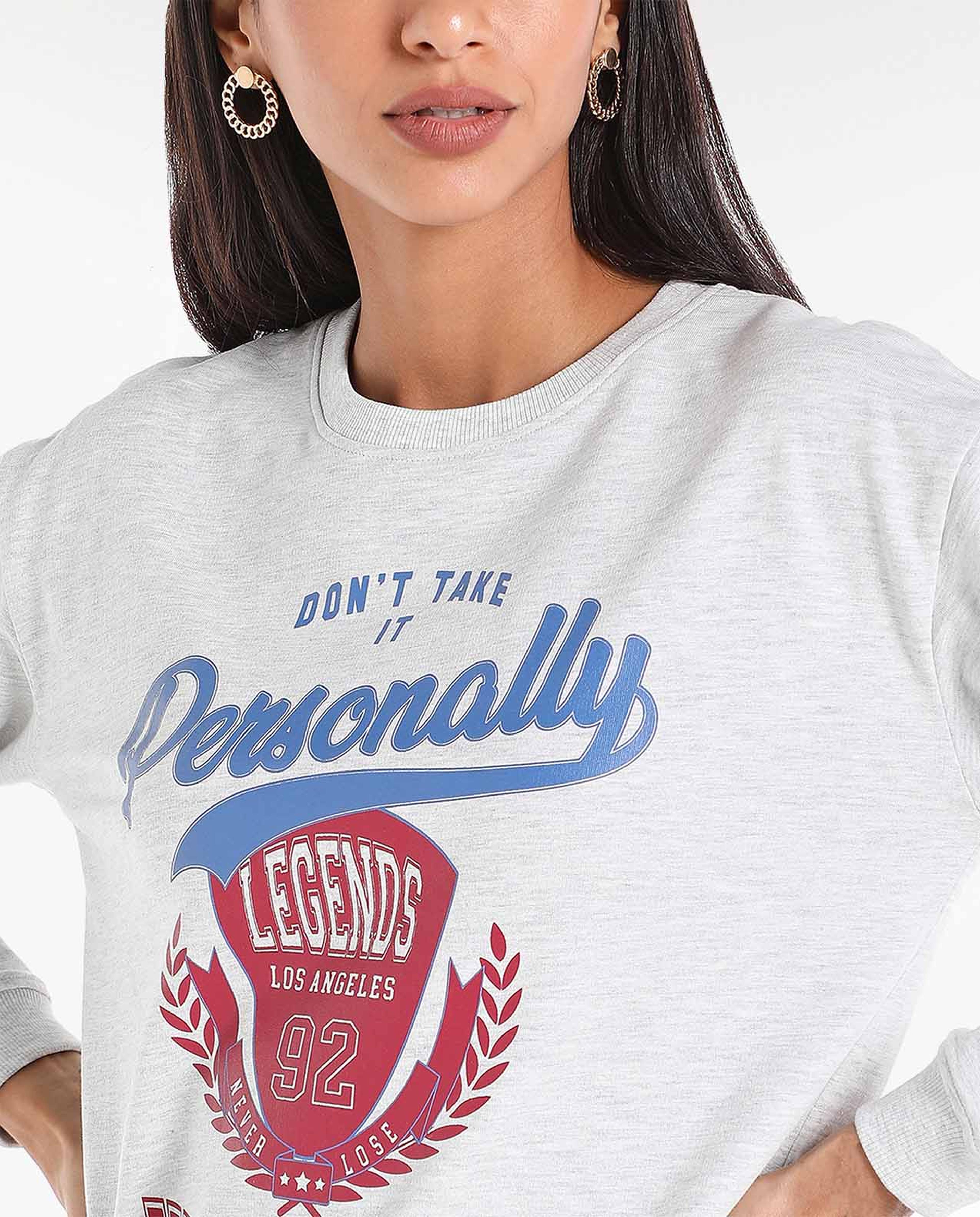 Typography Printed Sweatshirt with Crew Neck and Long Sleeves