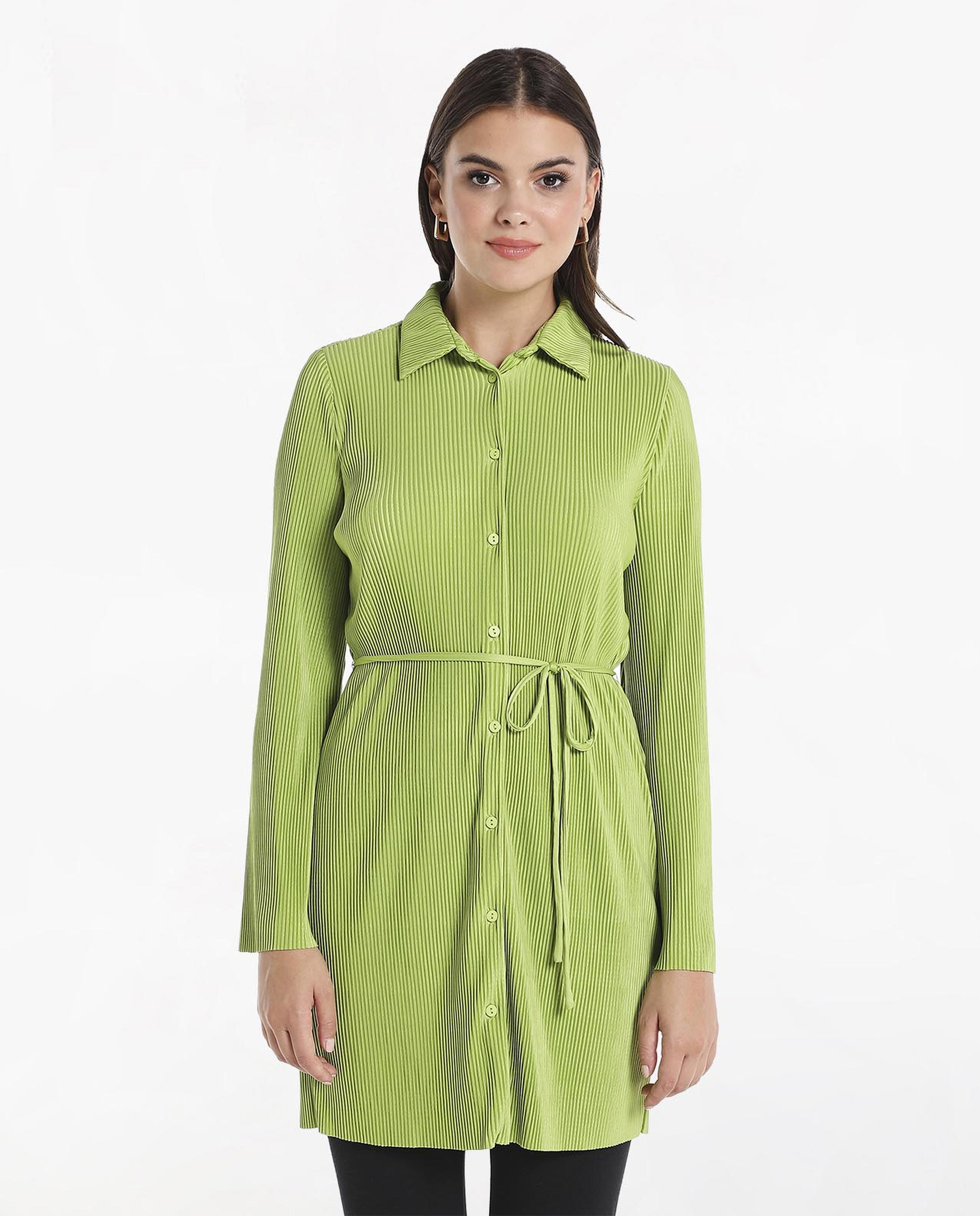 Self Textured Tunic Top with Classic Collar and Long Sleeves