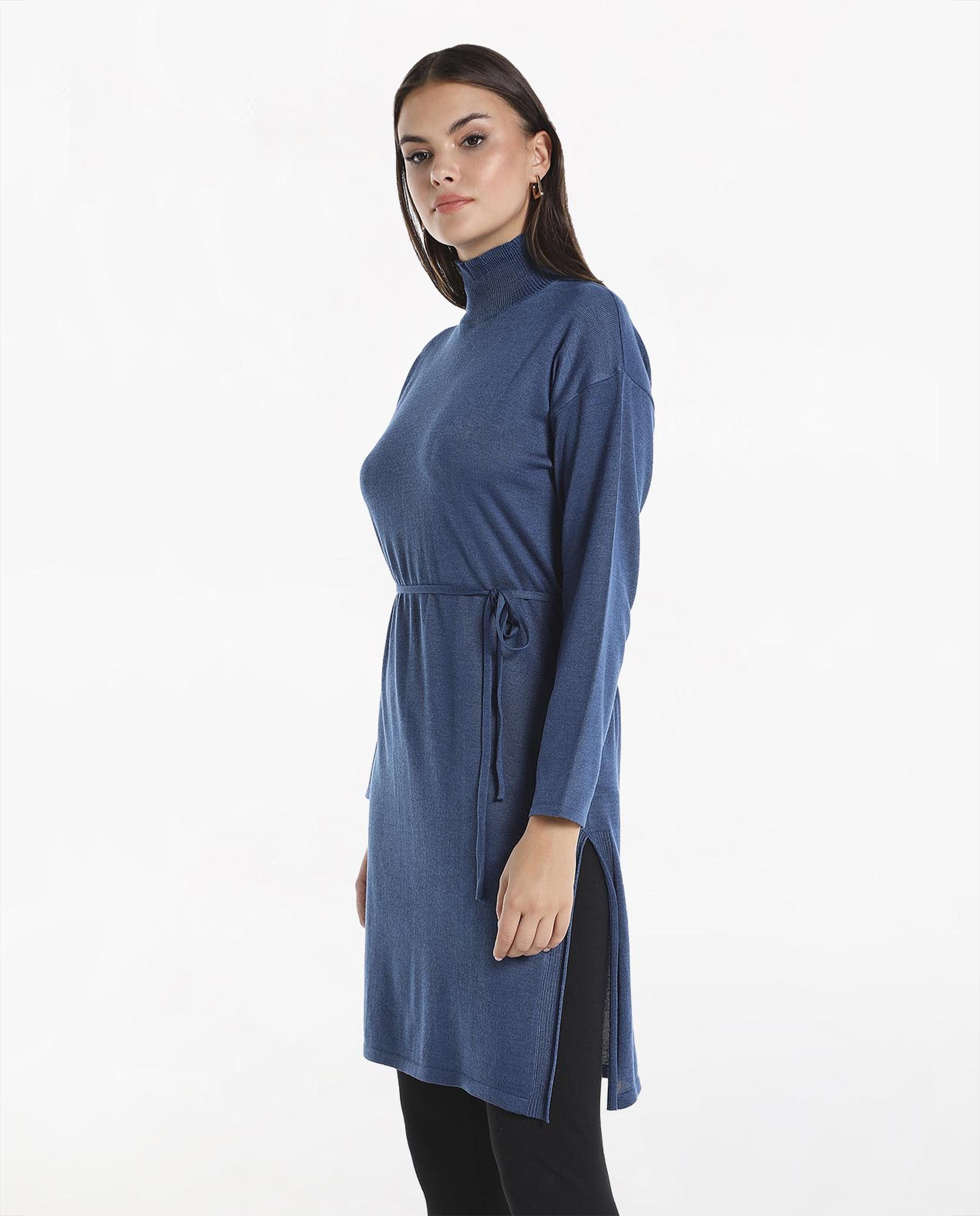 Solid Sweater Dress with Turtle Neck and Side Slits