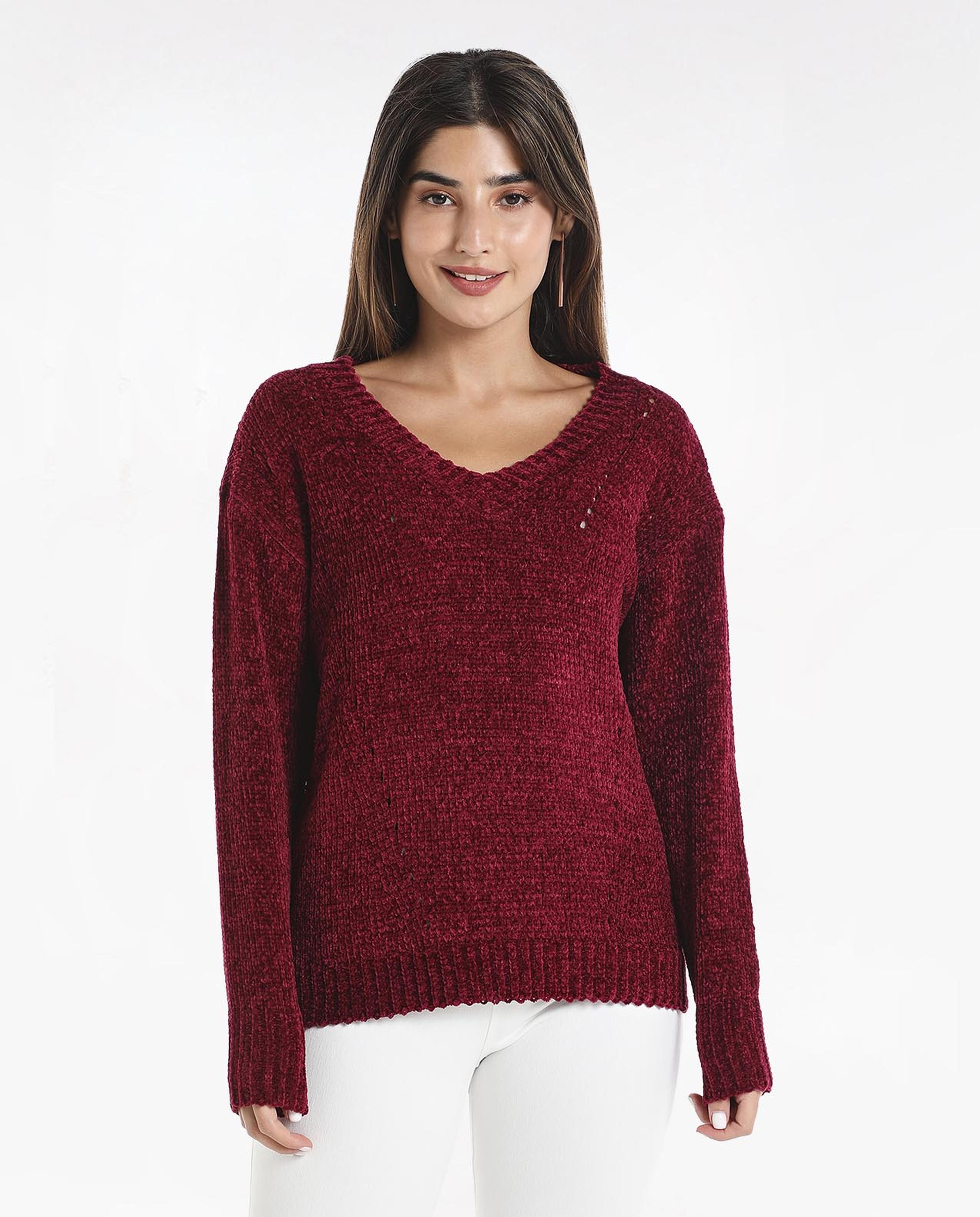 Solid Casual Sweater with V-Neck and Long Sleeves