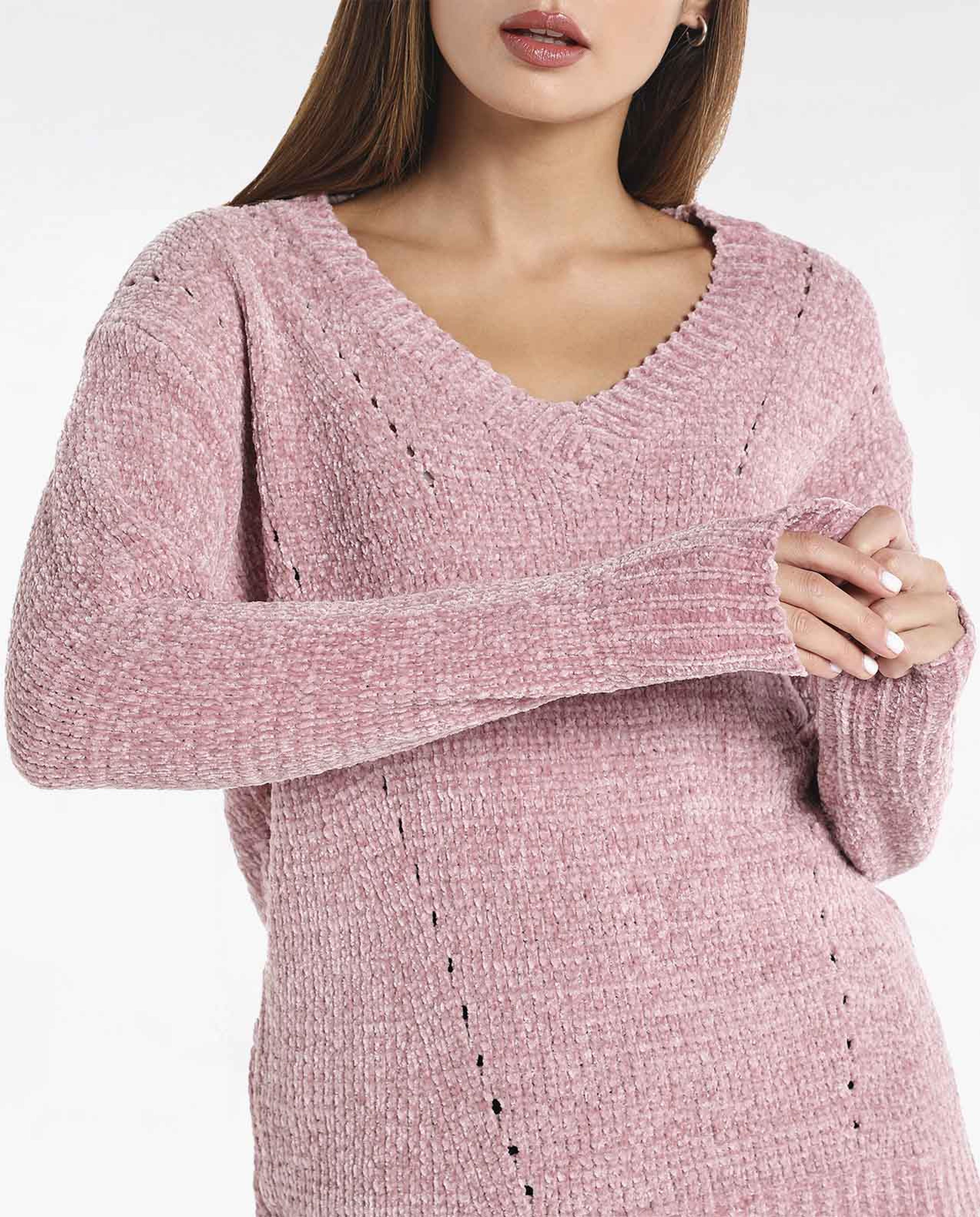 Solid Casual Sweater with V-Neck and Long Sleeves