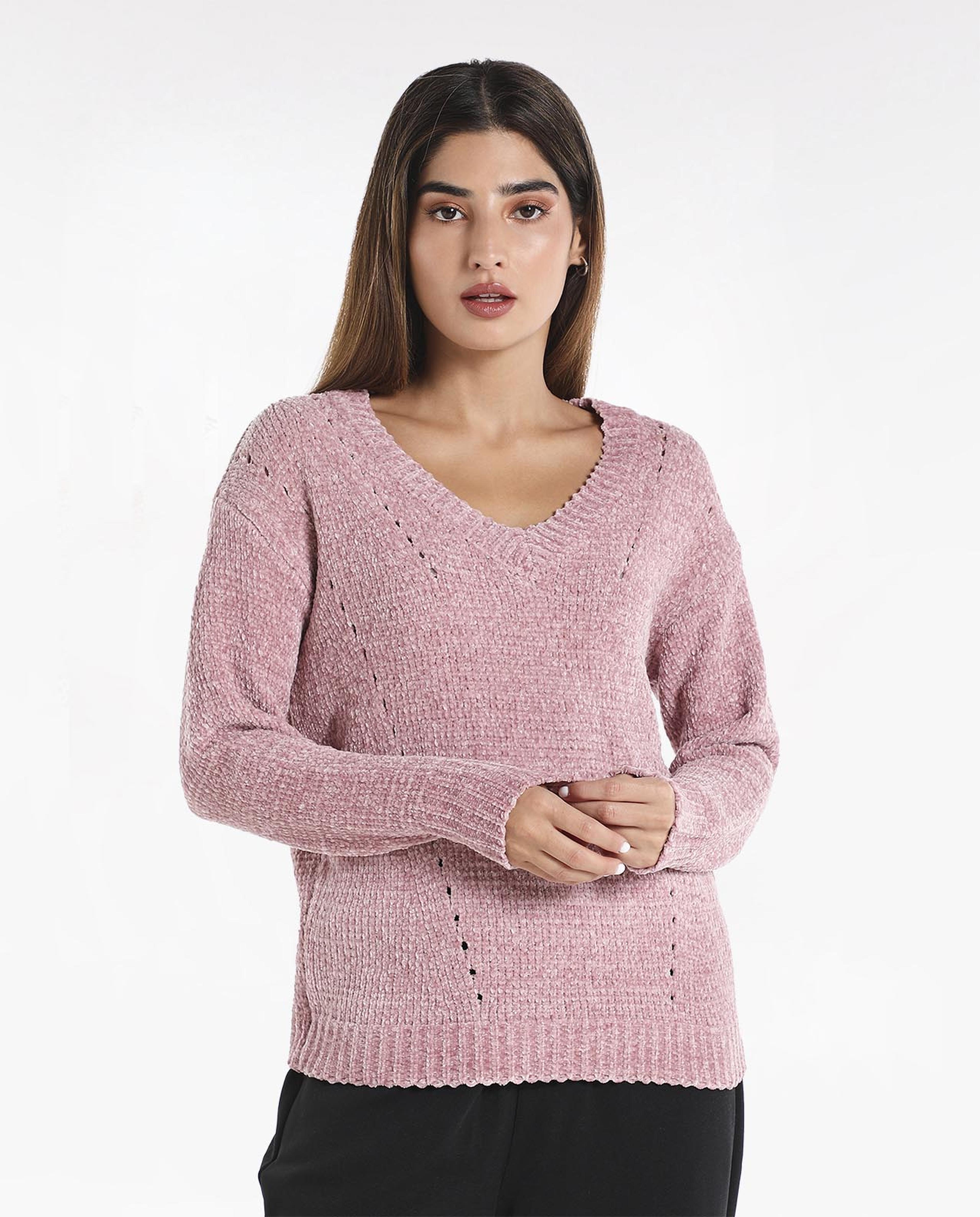 Solid Casual Sweater with V-Neck and Long Sleeves