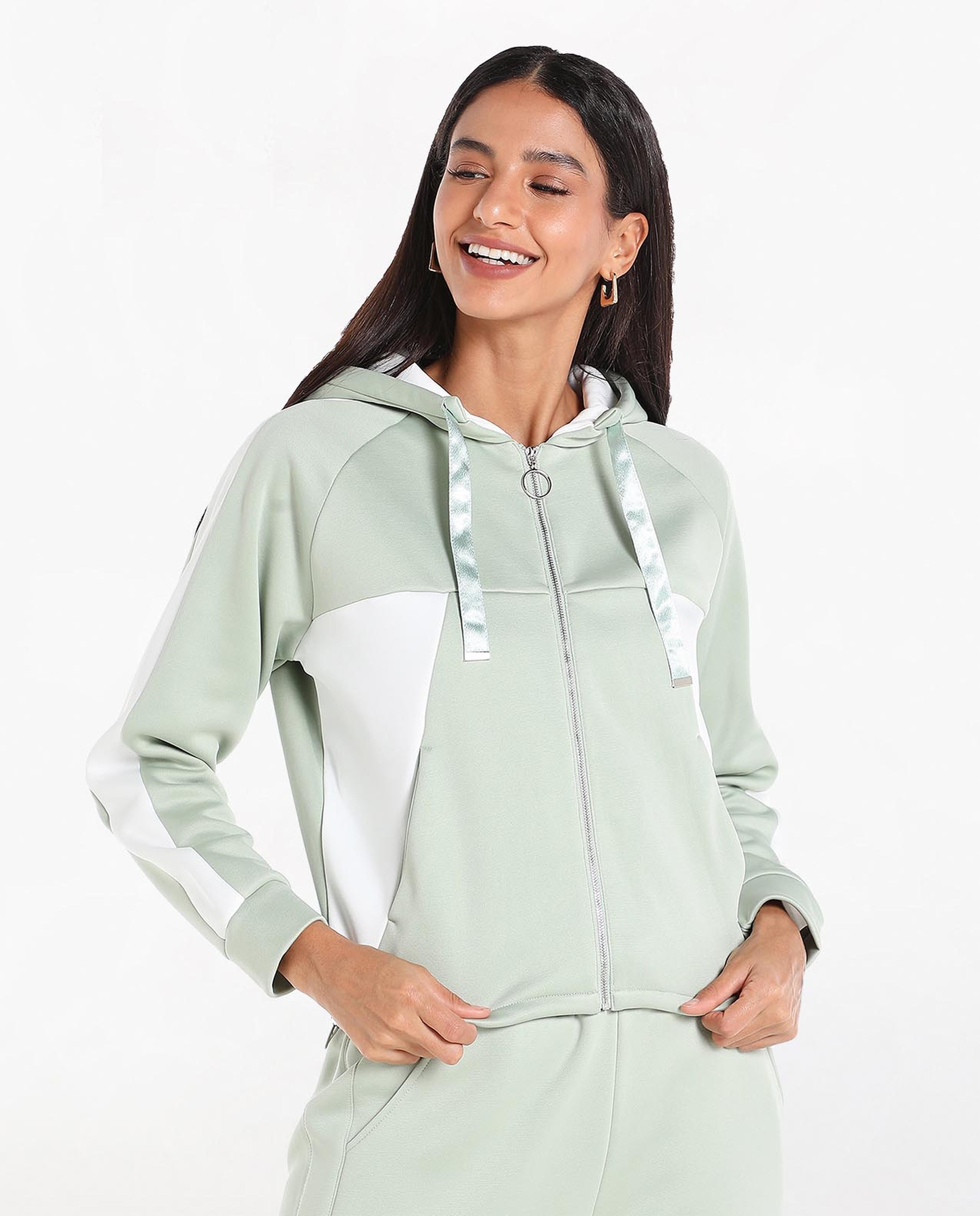 Color Block Hooded Jacket with Zipped Closure