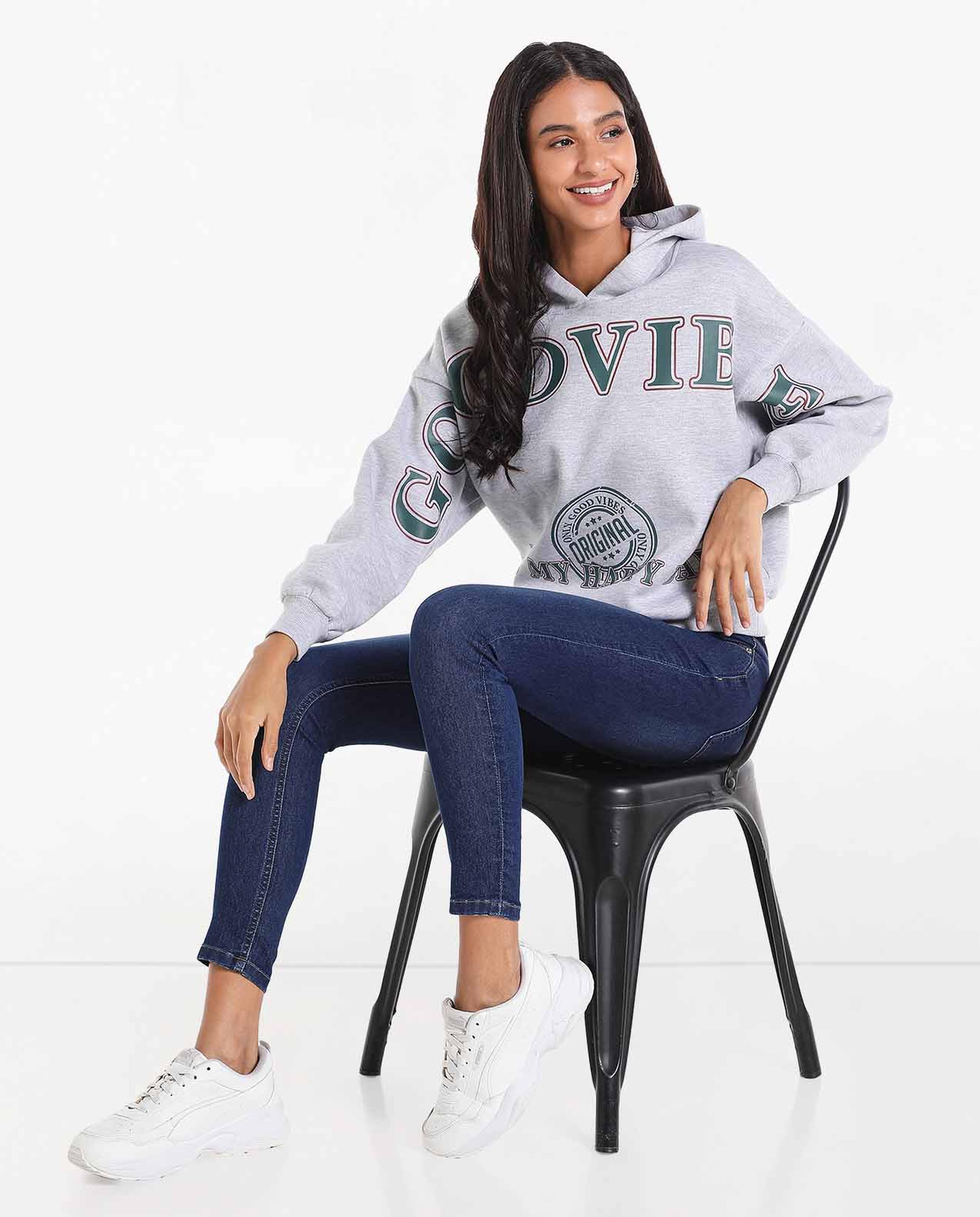 Typography Printed Hooded Sweatshirt with Long Sleeves