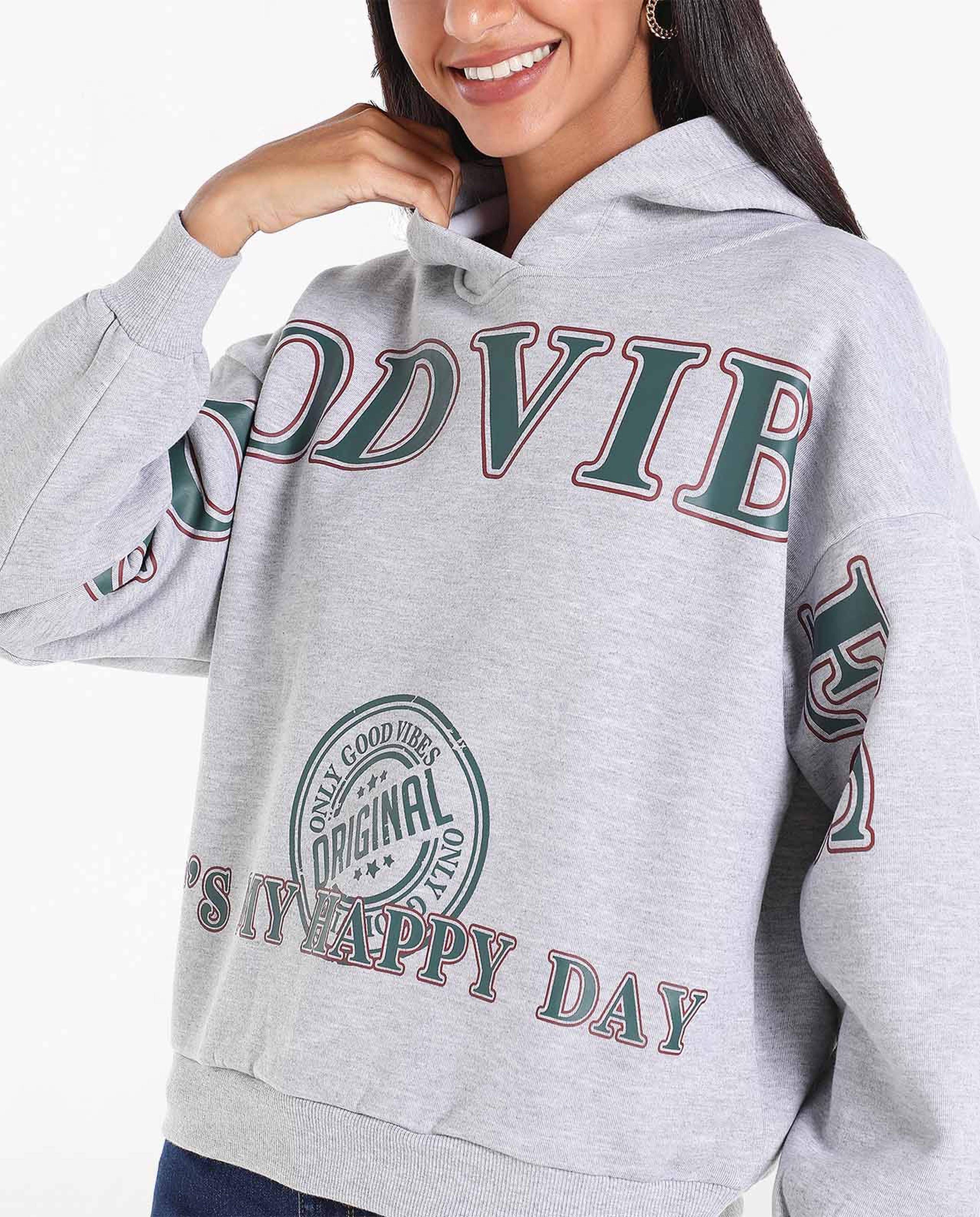 Typography Printed Hooded Sweatshirt with Long Sleeves