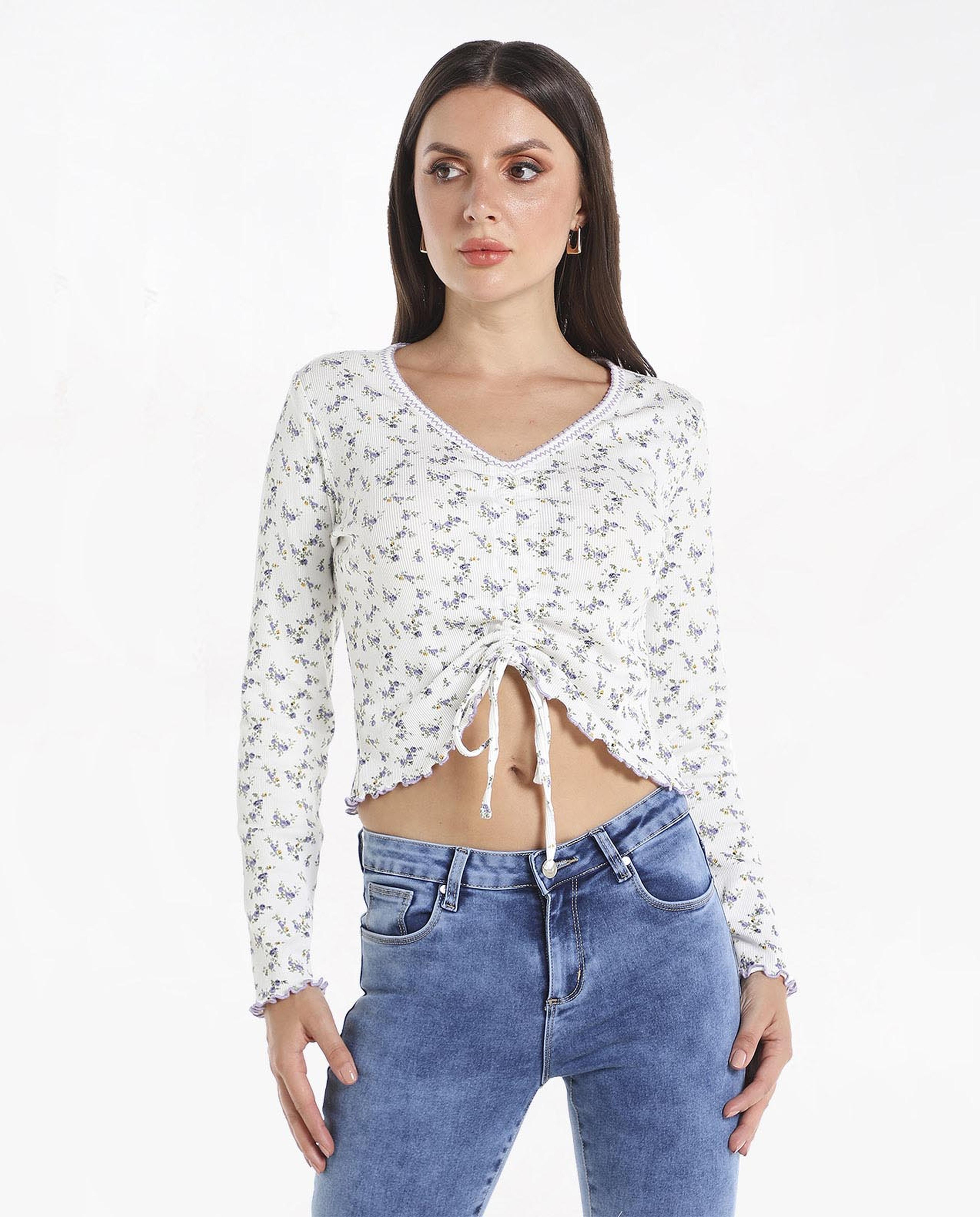 Floral Printed Ruched Top with V-Neck and Lettuce Hem