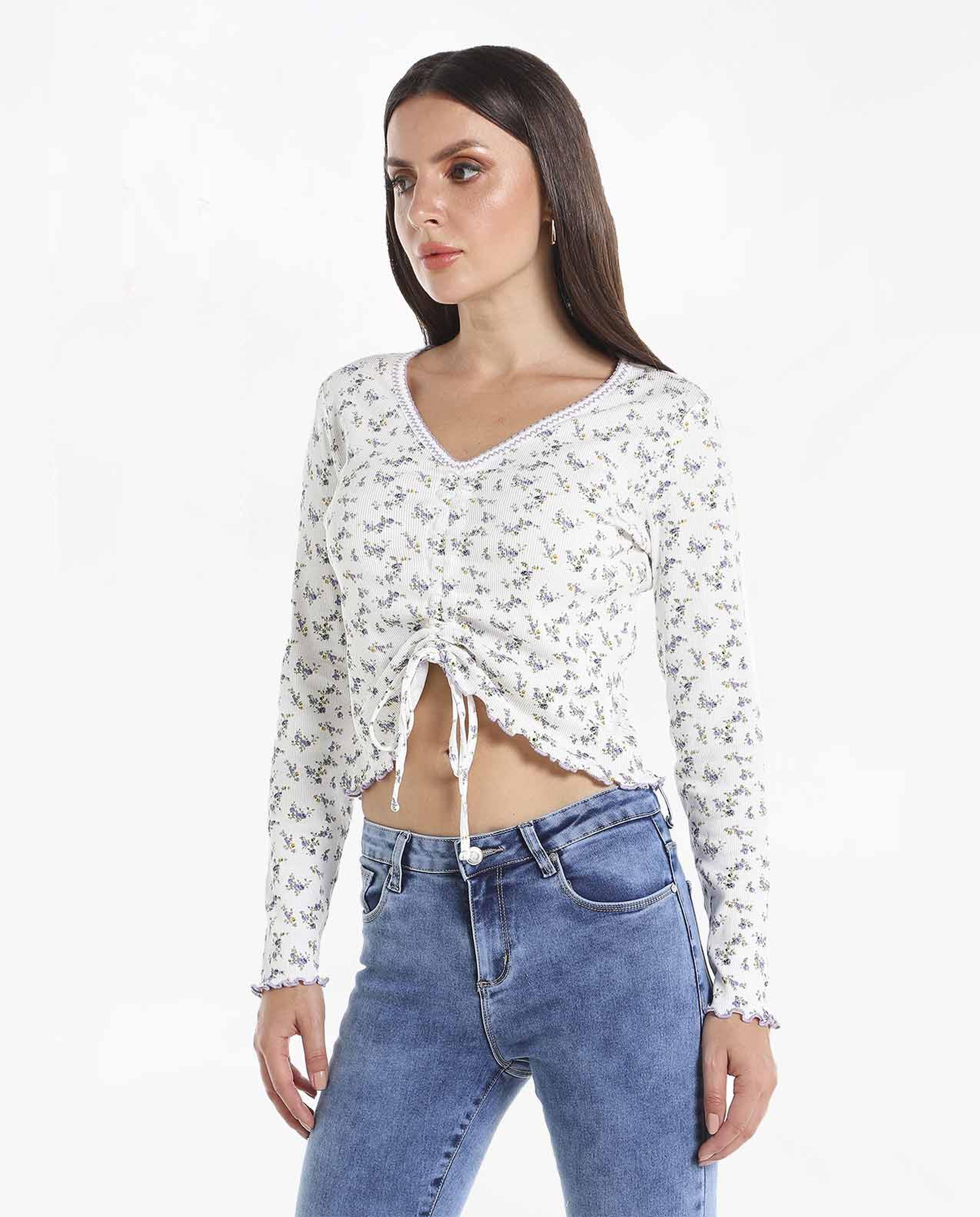 Floral Printed Ruched Top with V-Neck and Lettuce Hem