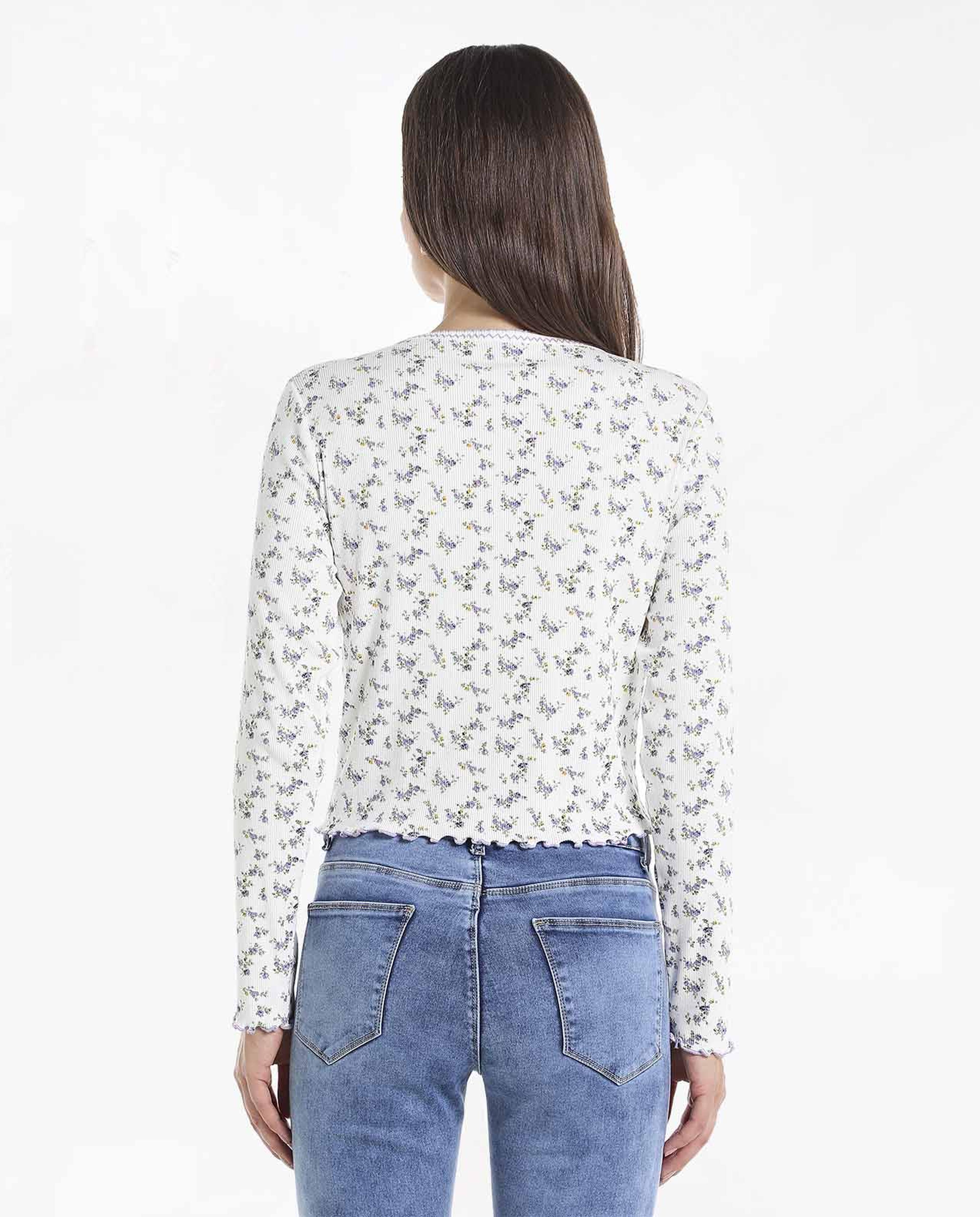 Floral Printed Ruched Top with V-Neck and Lettuce Hem