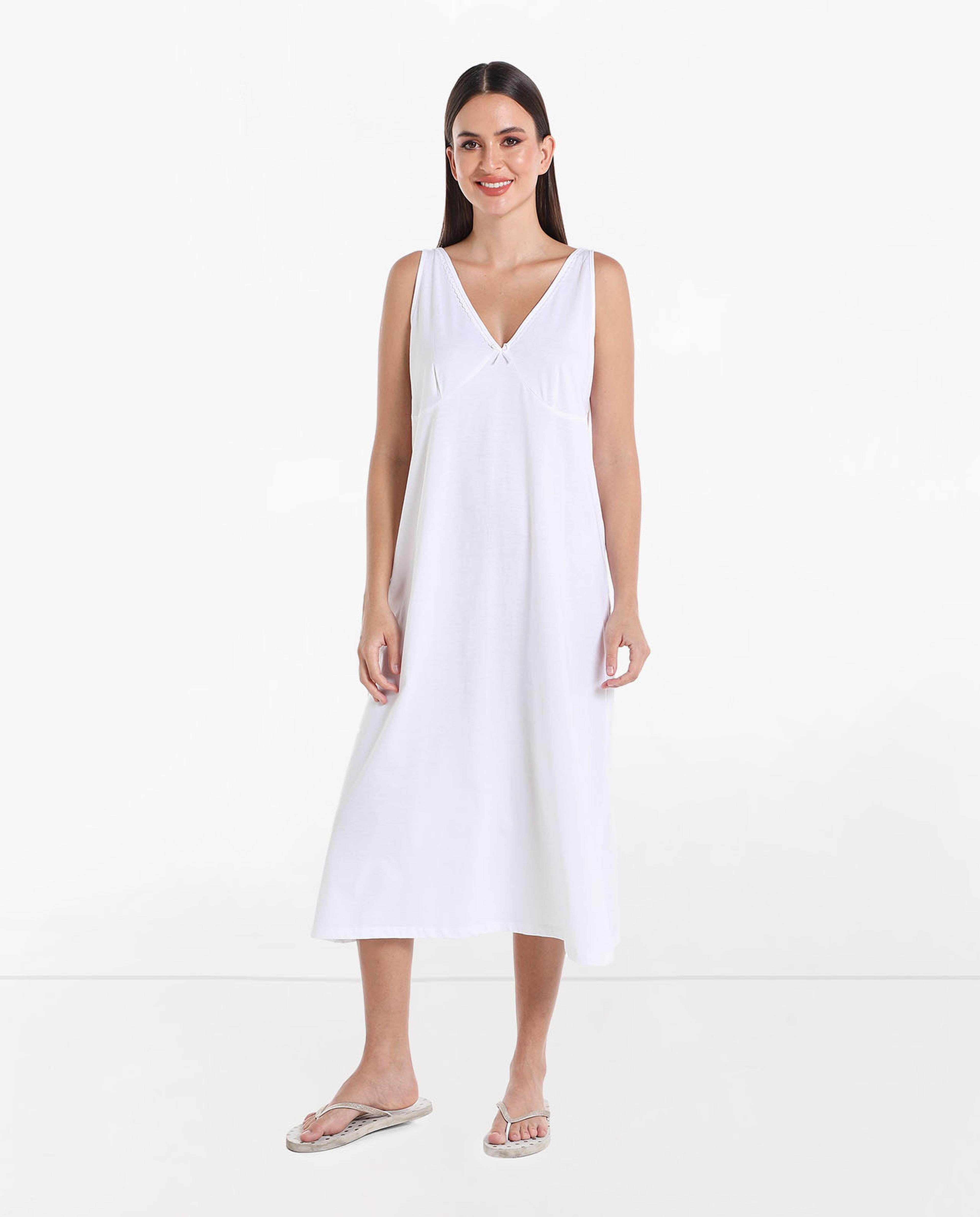 Solid Midi Night Dress with V-Neck
