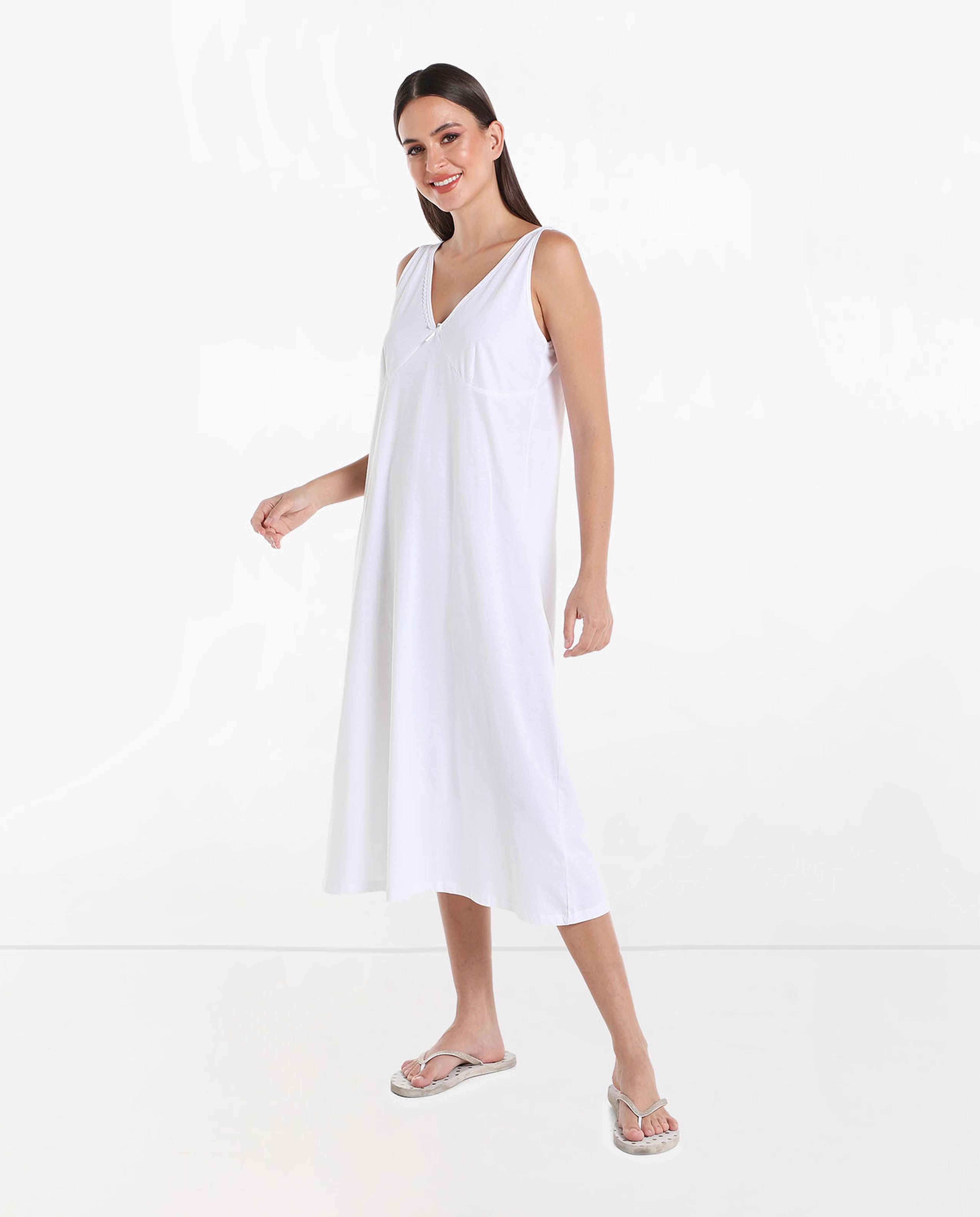 Solid Midi Night Dress with V-Neck