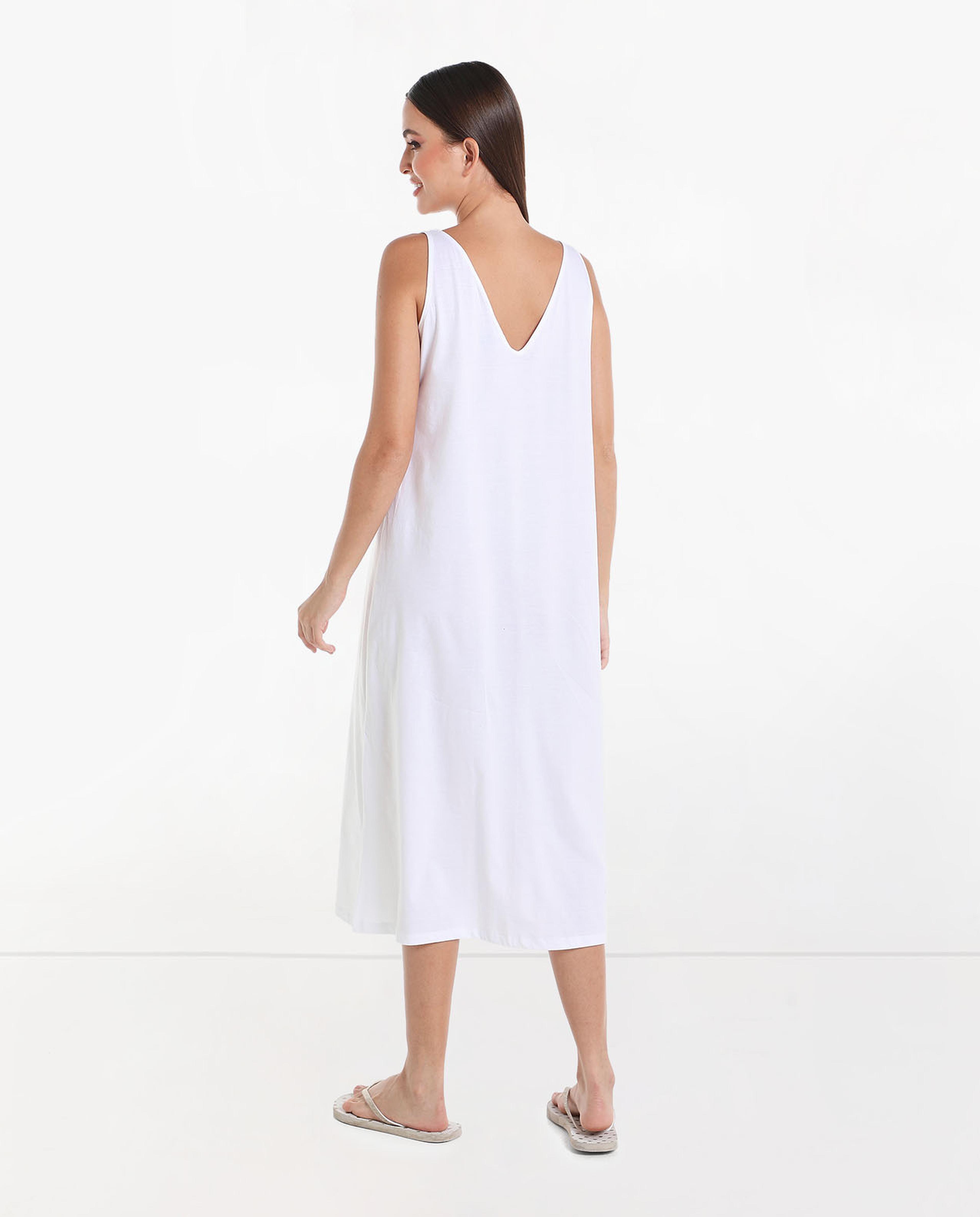 Solid Midi Night Dress with V-Neck