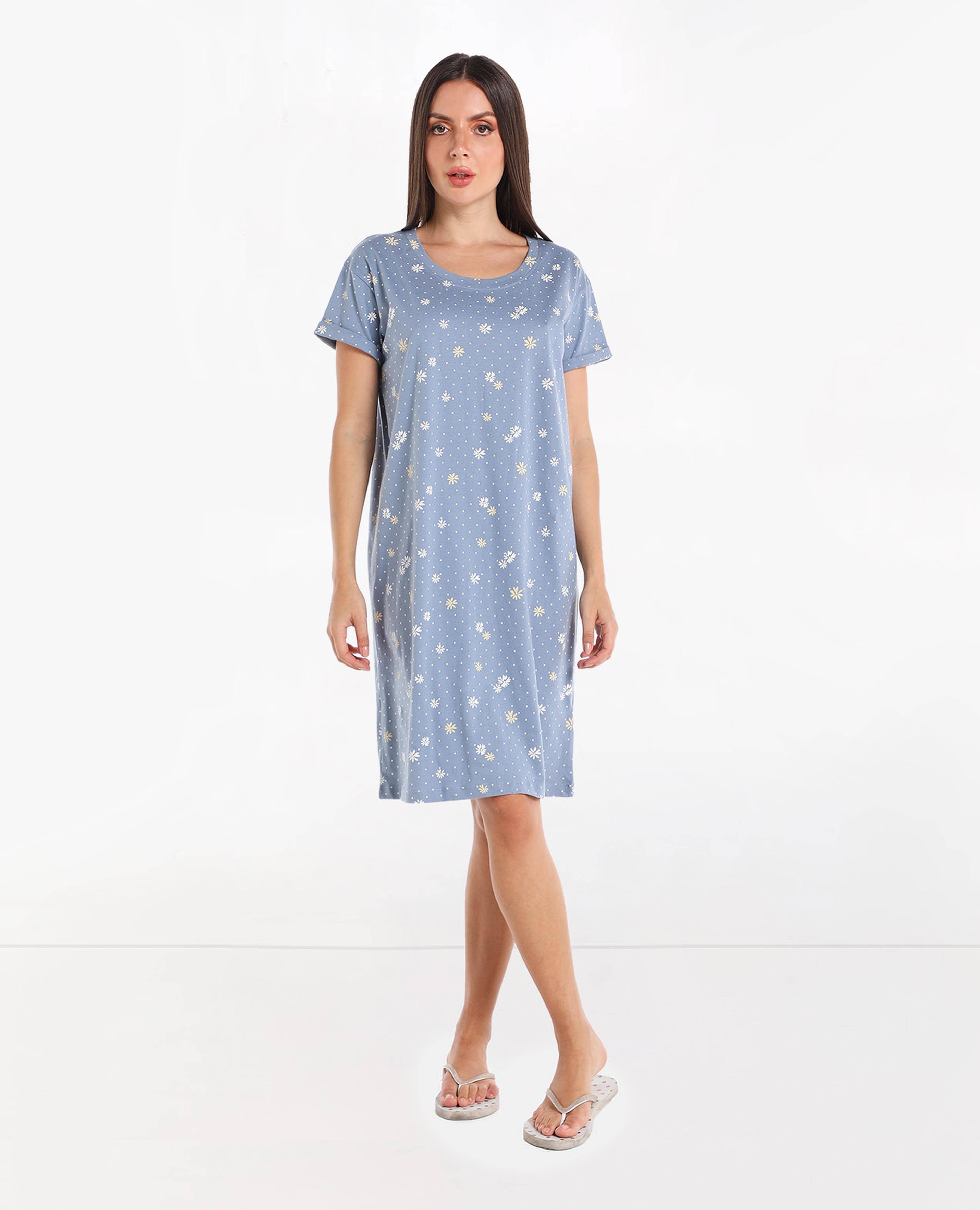 Printed T-Shirt Night Dress with Short Sleeves