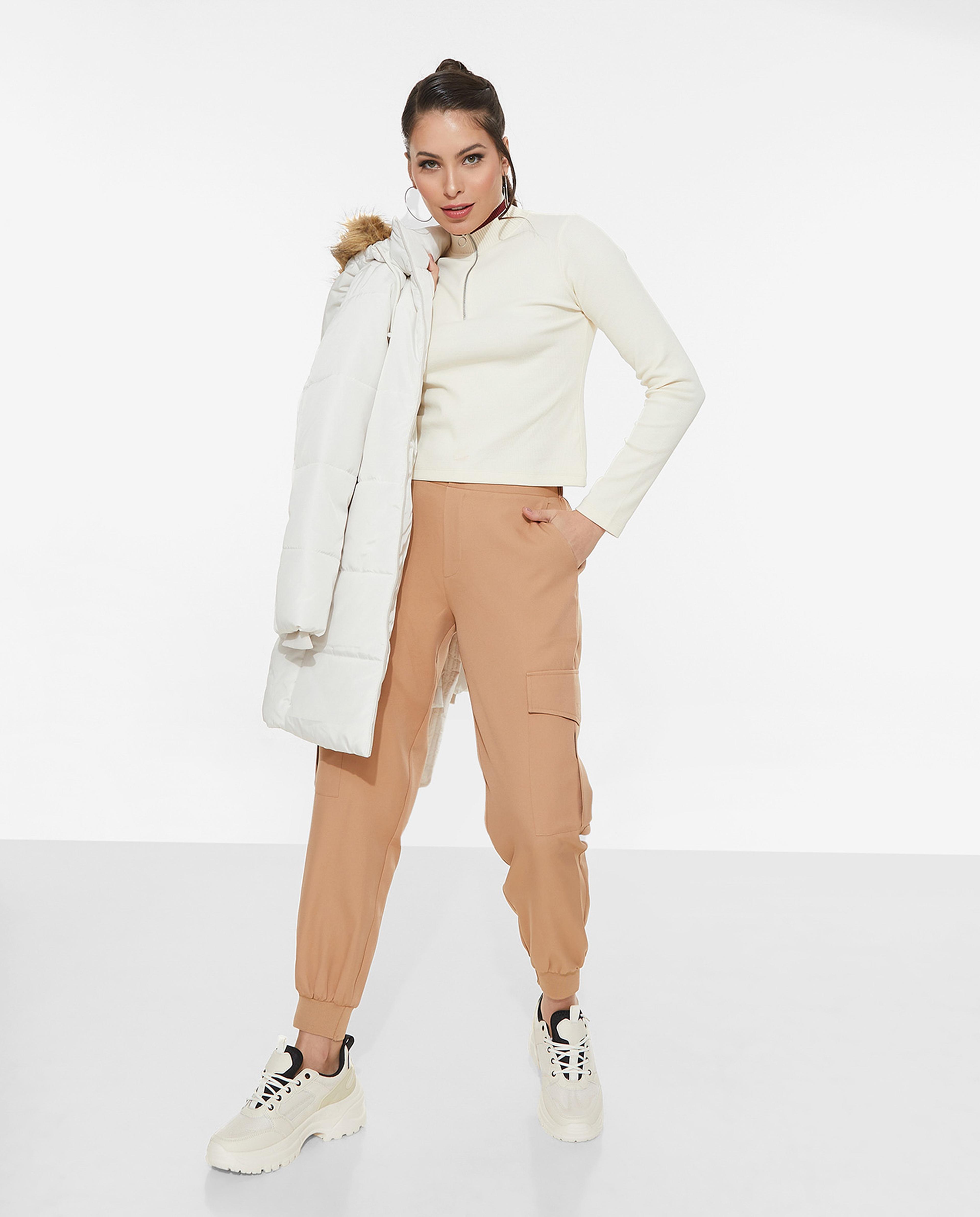 Solid Ribbed Top with Zippered High Neck