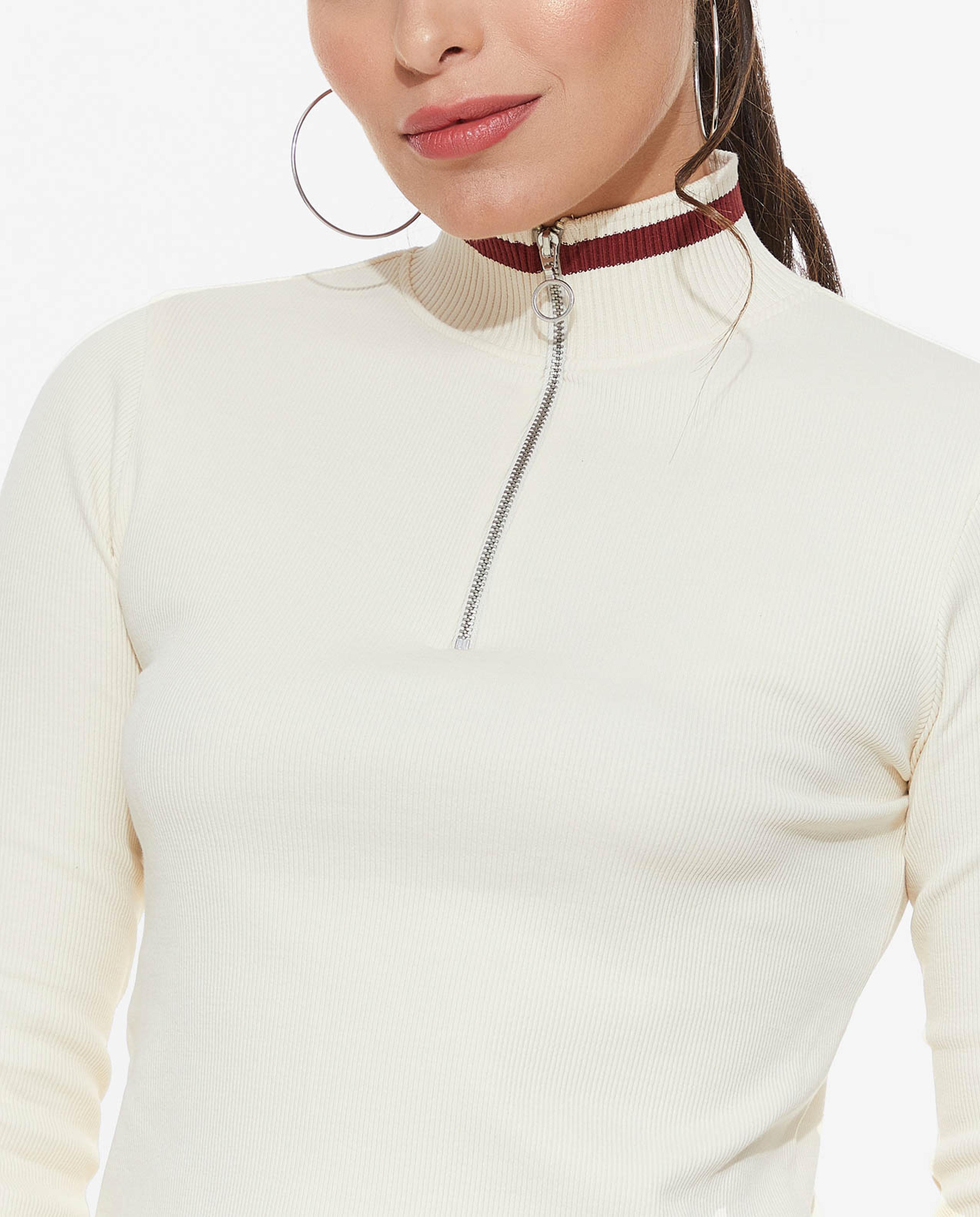 Solid Ribbed Top with Zippered High Neck