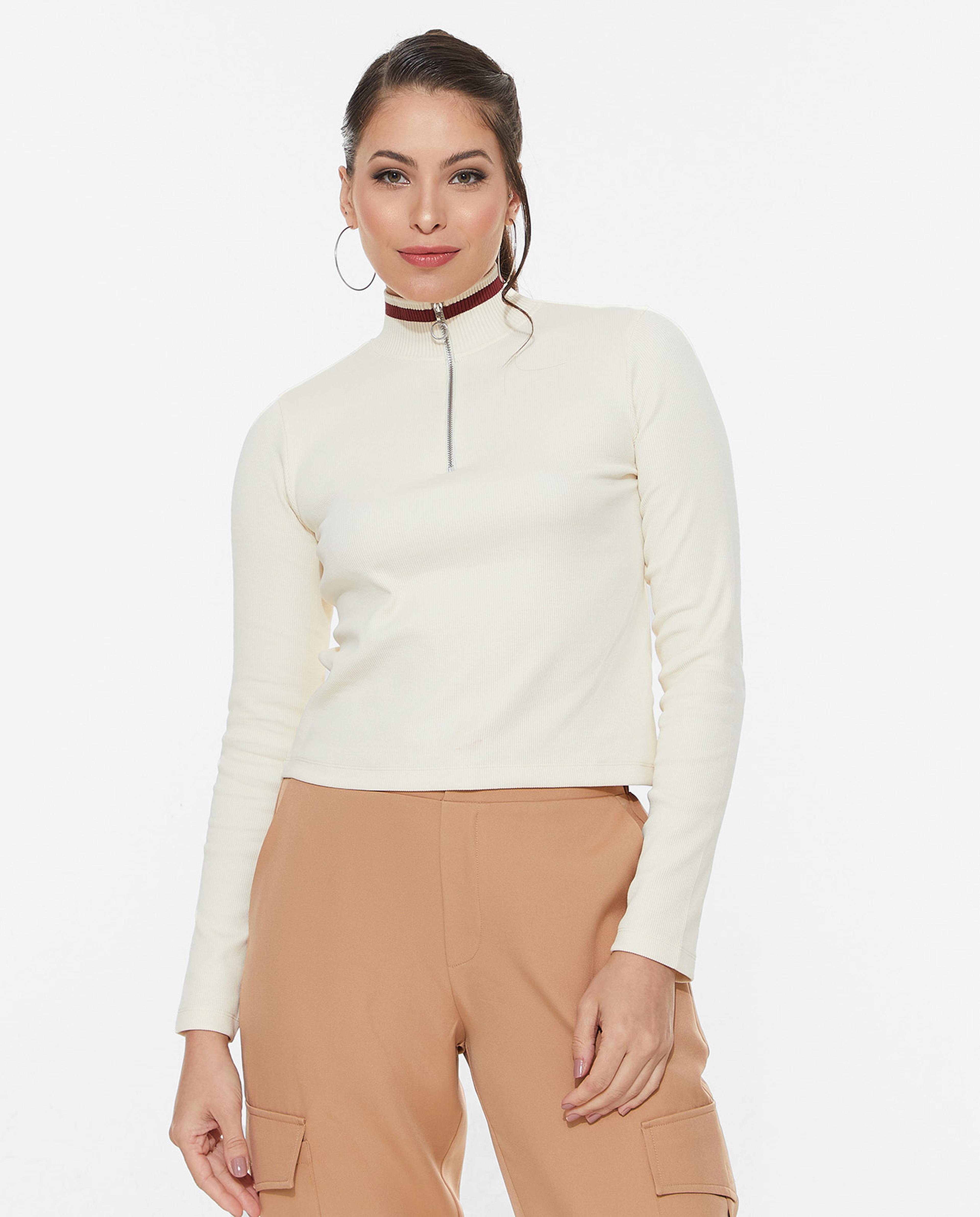 Solid Ribbed Top with Zippered High Neck