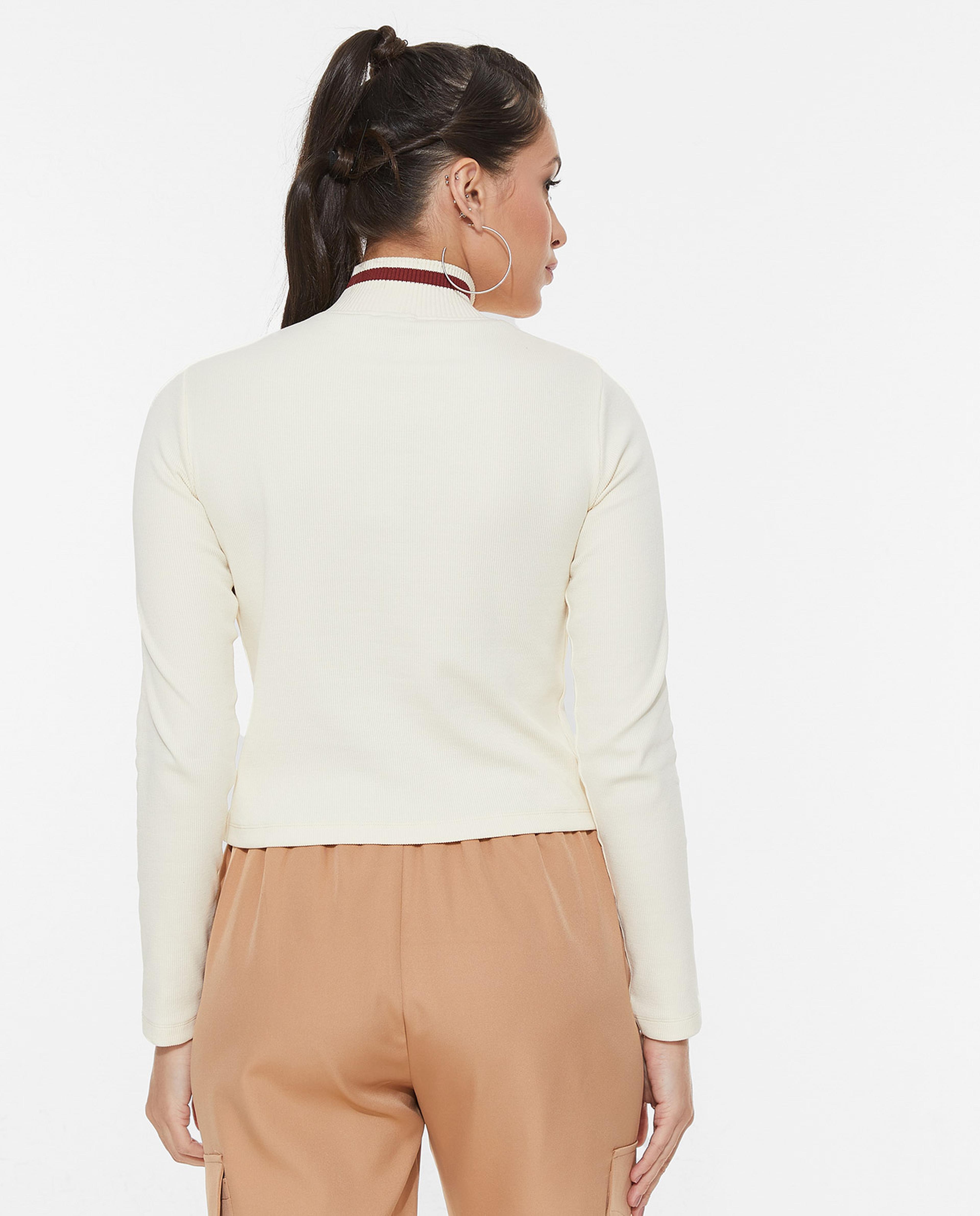 Solid Ribbed Top with Zippered High Neck