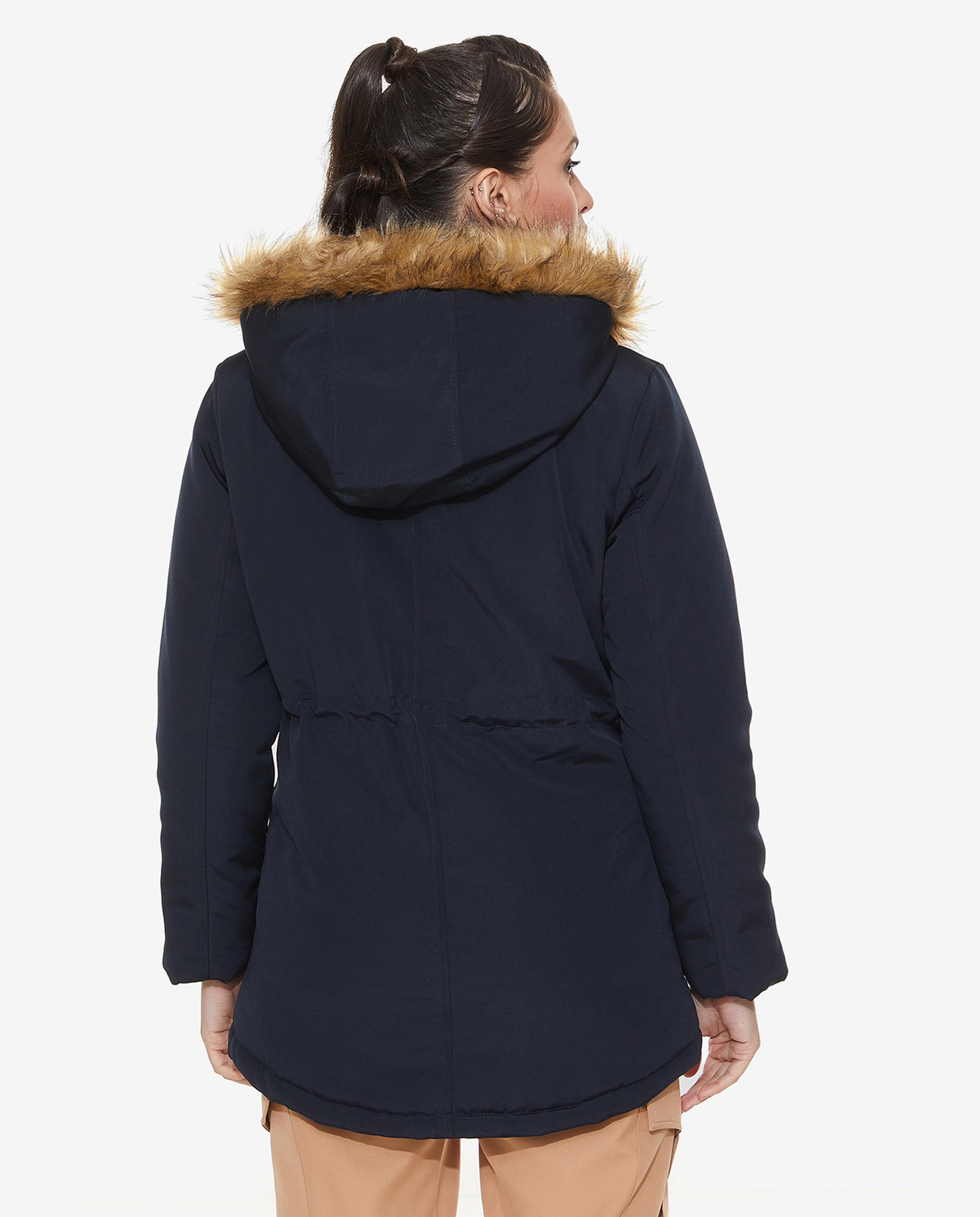 Solid Puffer Hooded Jacket with Zippered Closure