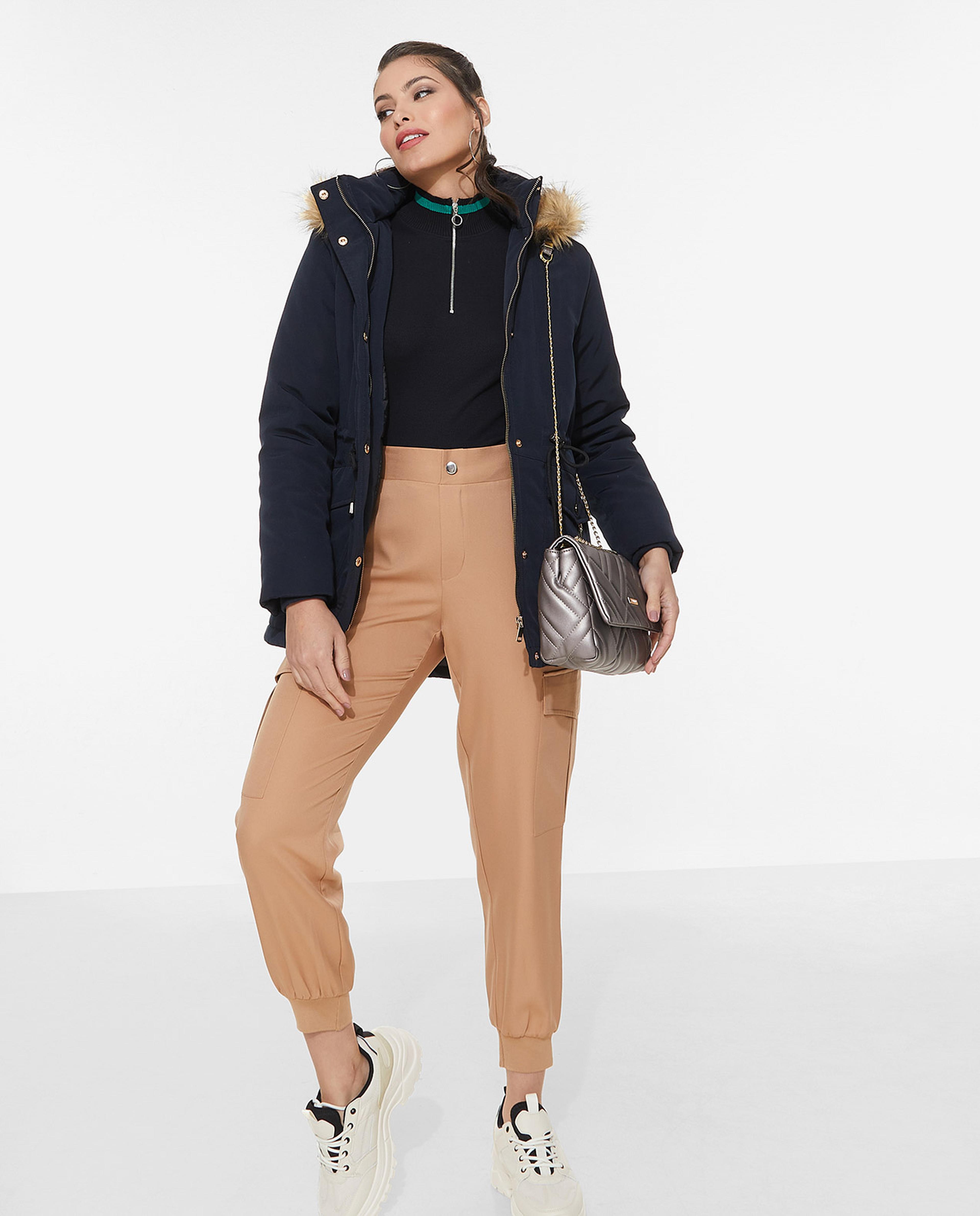 Solid Puffer Hooded Jacket with Zippered Closure