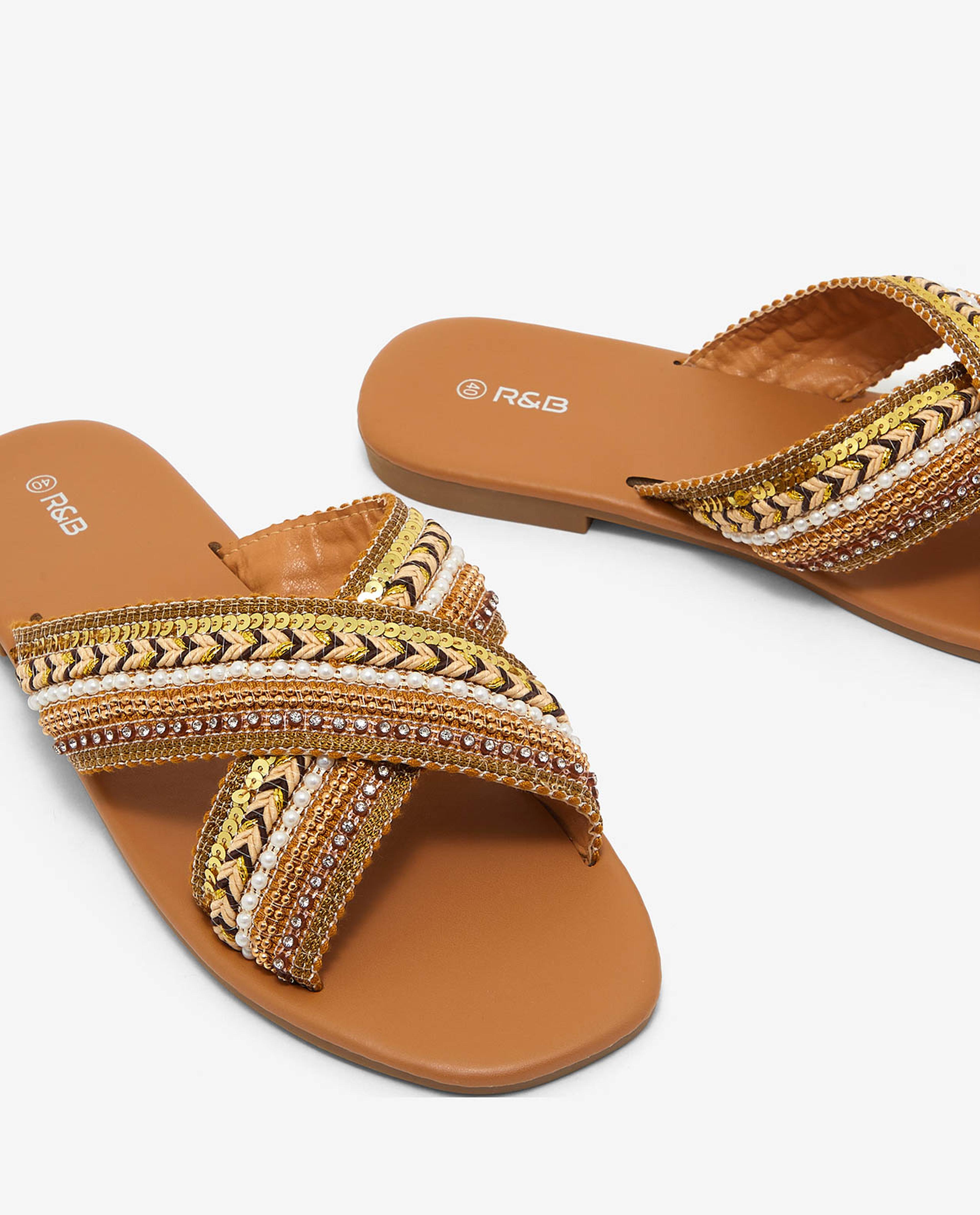 Embroidered Open-Toe Flat Sandals