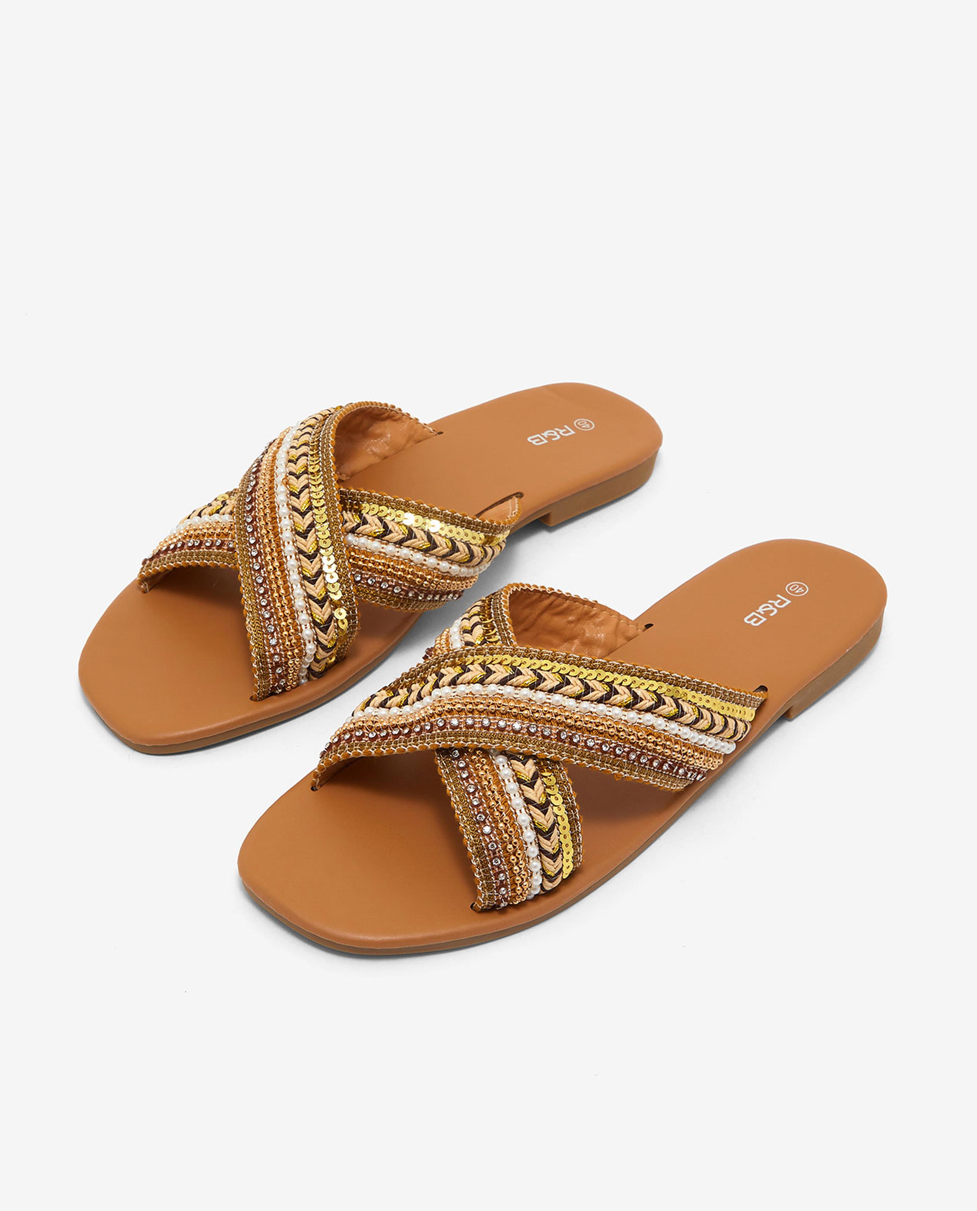Embroidered Open-Toe Flat Sandals