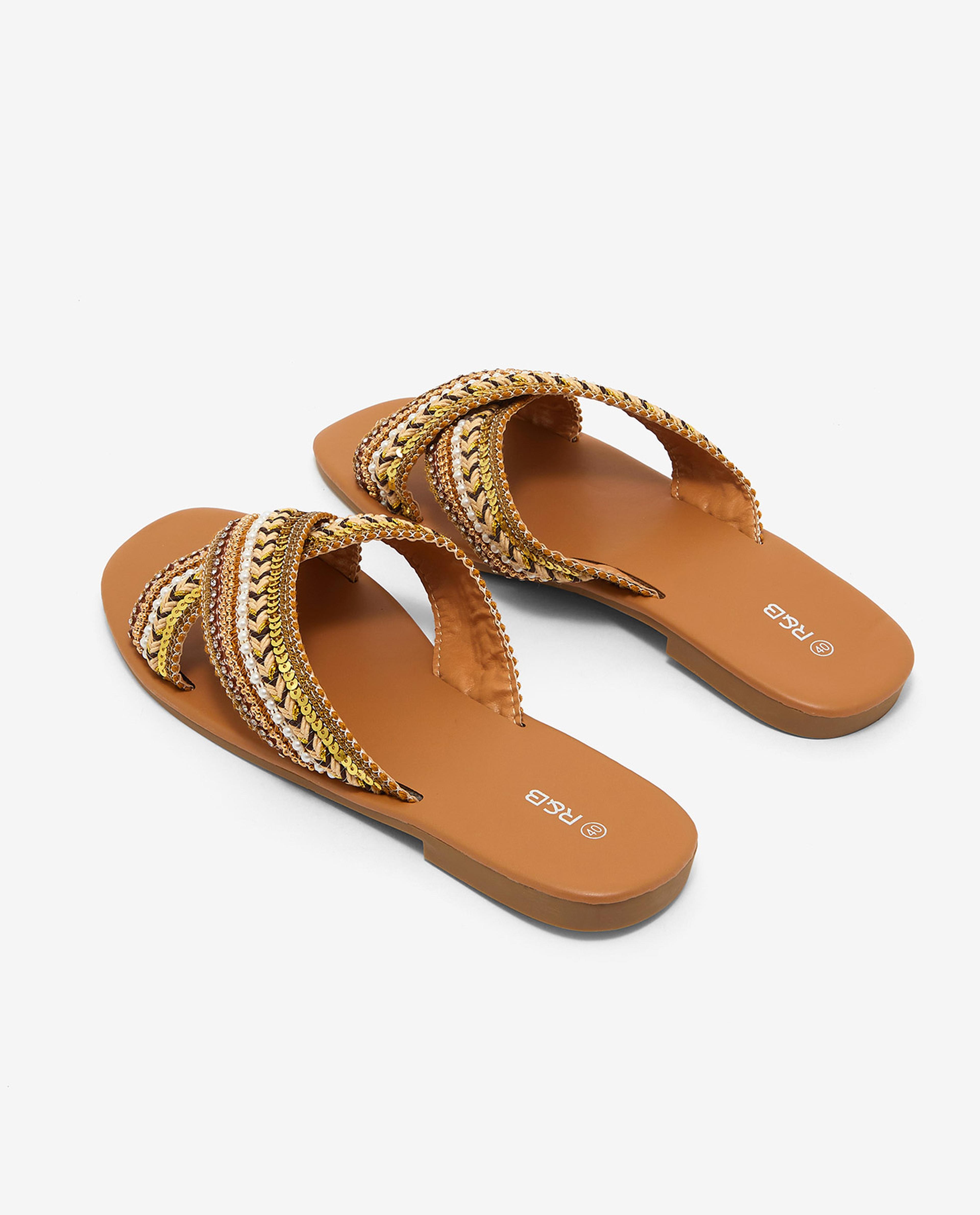 Embroidered Open-Toe Flat Sandals