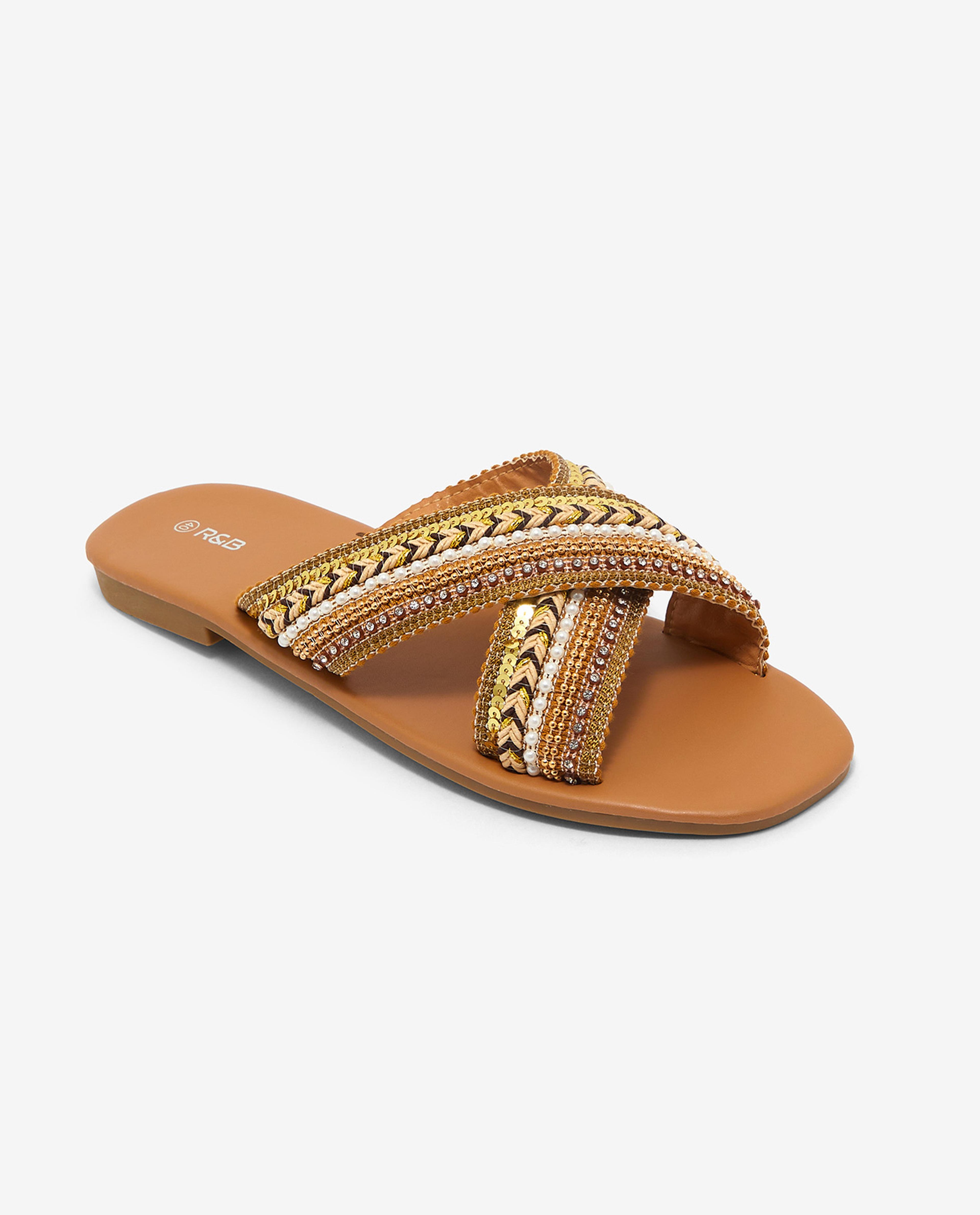 Embroidered Open-Toe Flat Sandals